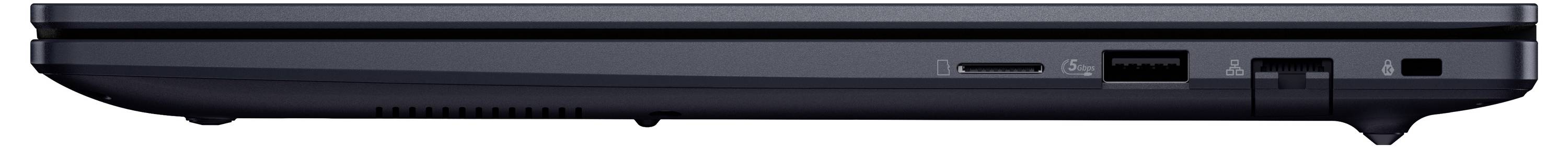 Nahaufnahme der Seitenkante eines Laptops mit Ladeanschluss, USB-Anschluss und Lüftungsgitter.