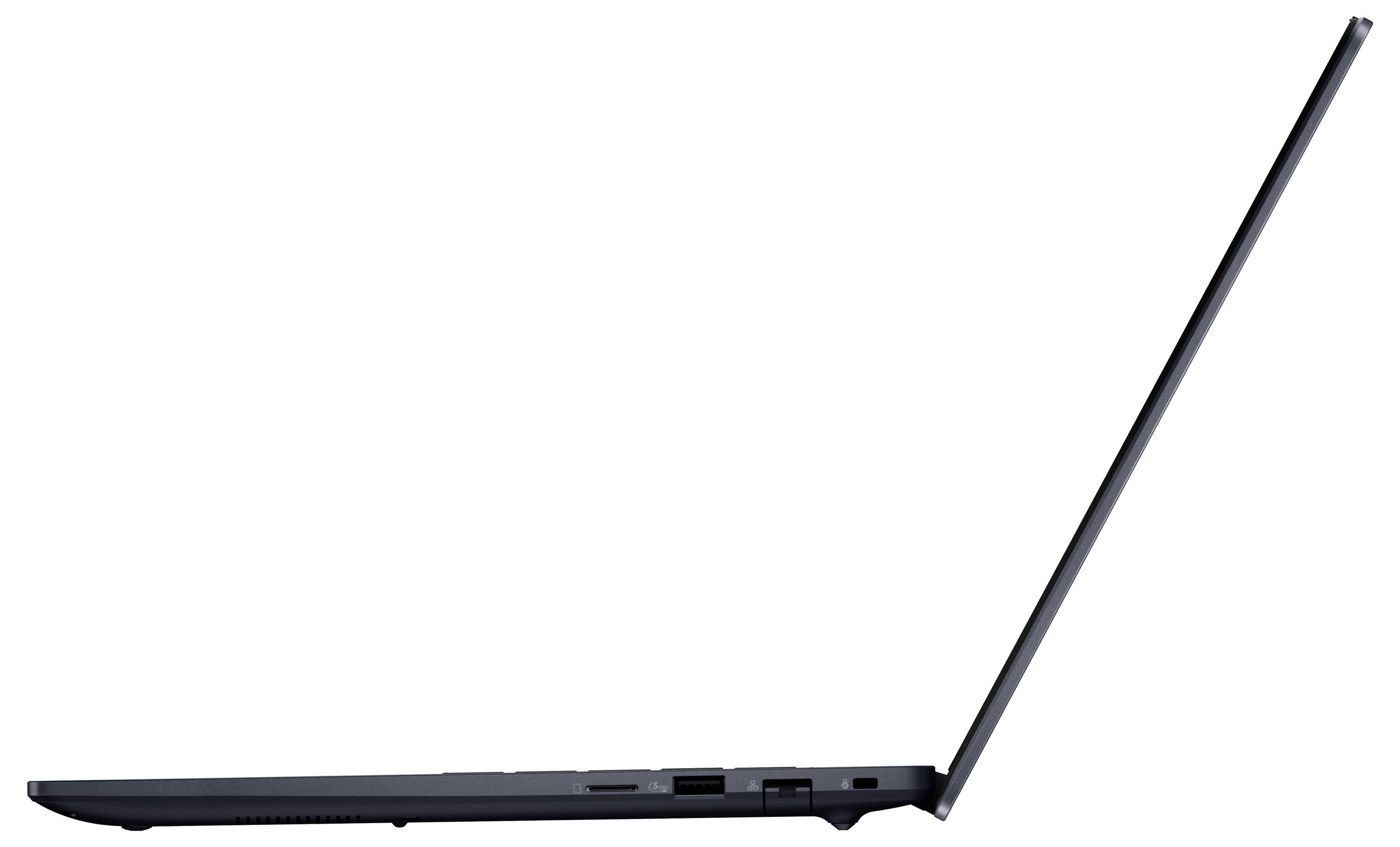 Seitenansicht eines schlanken schwarzen Laptops, der teilweise offen ist und die Tastatureinheit und den geneigten Bildschirm vor einem weißen Hintergrund zeigt.