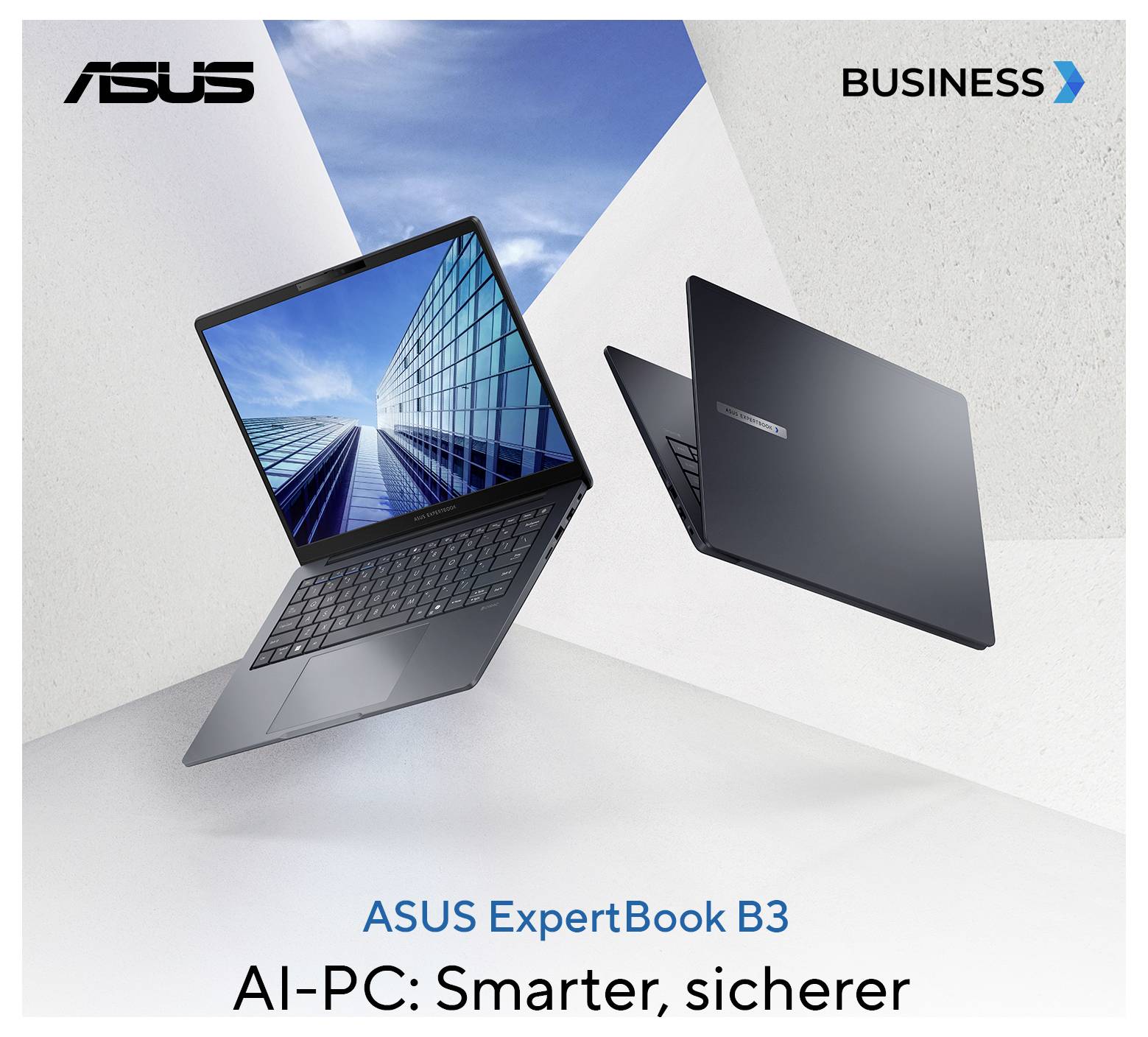 ASUS ExpertBook B3 Business-Laptop-Anzeige mit zwei geöffneten Laptops und dem Slogan „AI-PC: Intelligenter, sicherer" mit ASUS BUSINESS-Branding.