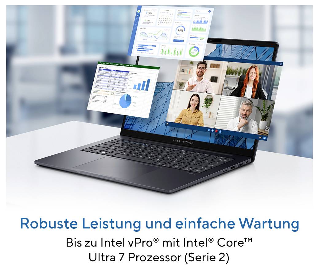 # Robuste Leistung und einfache WartungLaptop zeigt eine Videokonferenz mit vier Teilnehmern und schwebende Analytics-Dashboards; Deutscher Text liest „Robuste Leistung und einfache Wartung" und erwähnt Intel Core Ultra 7.