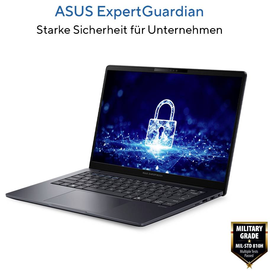ASUS ExpertGuardian Business-Laptop mit Sperrsymbol und deutschem Text „Starke Sicherheit für Unternehmen" sowie Abzeichen „MIL-STD 810H" für Militärstandard.