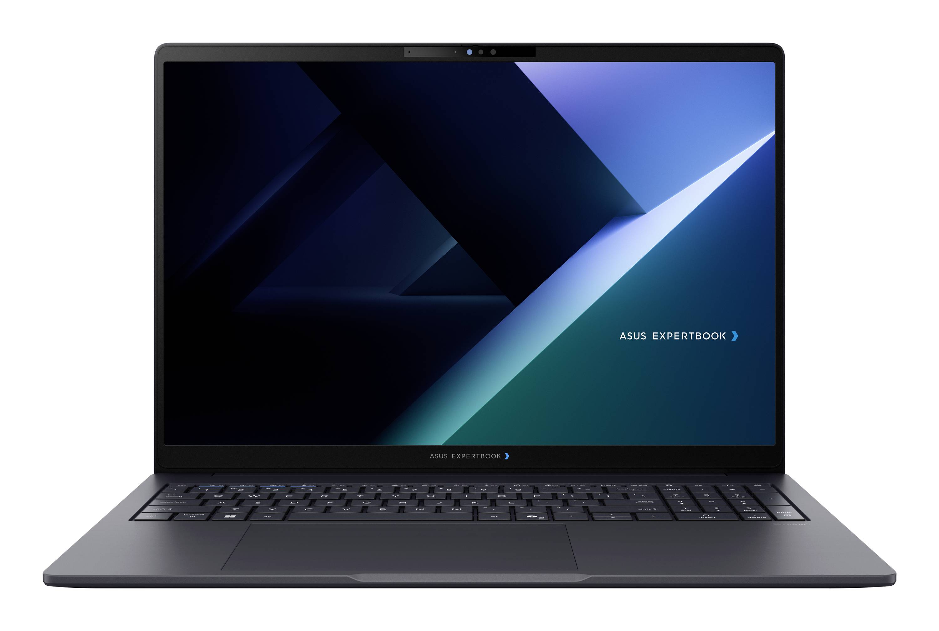 Vorderansicht eines ASUS ExpertBook-Laptops mit einer dunkelblauer geometrischen Tapete auf dem Bildschirm.
