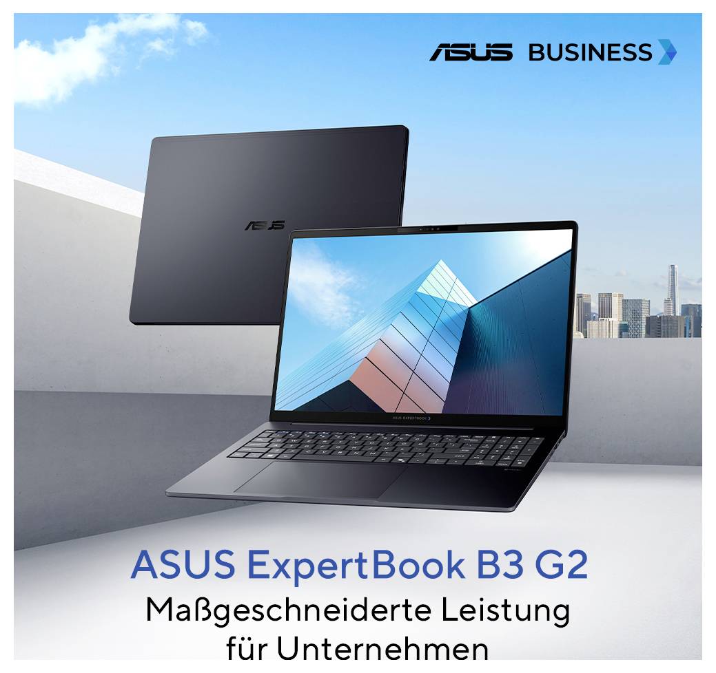 ASUS ExpertBook B3 G2 Business-Laptop, aufgeklappt mit Stadtskyline im Hintergrund und "ASUS BUSINESS" Branding, wirbt für maßgeschneiderte Leistung für Unternehmen.