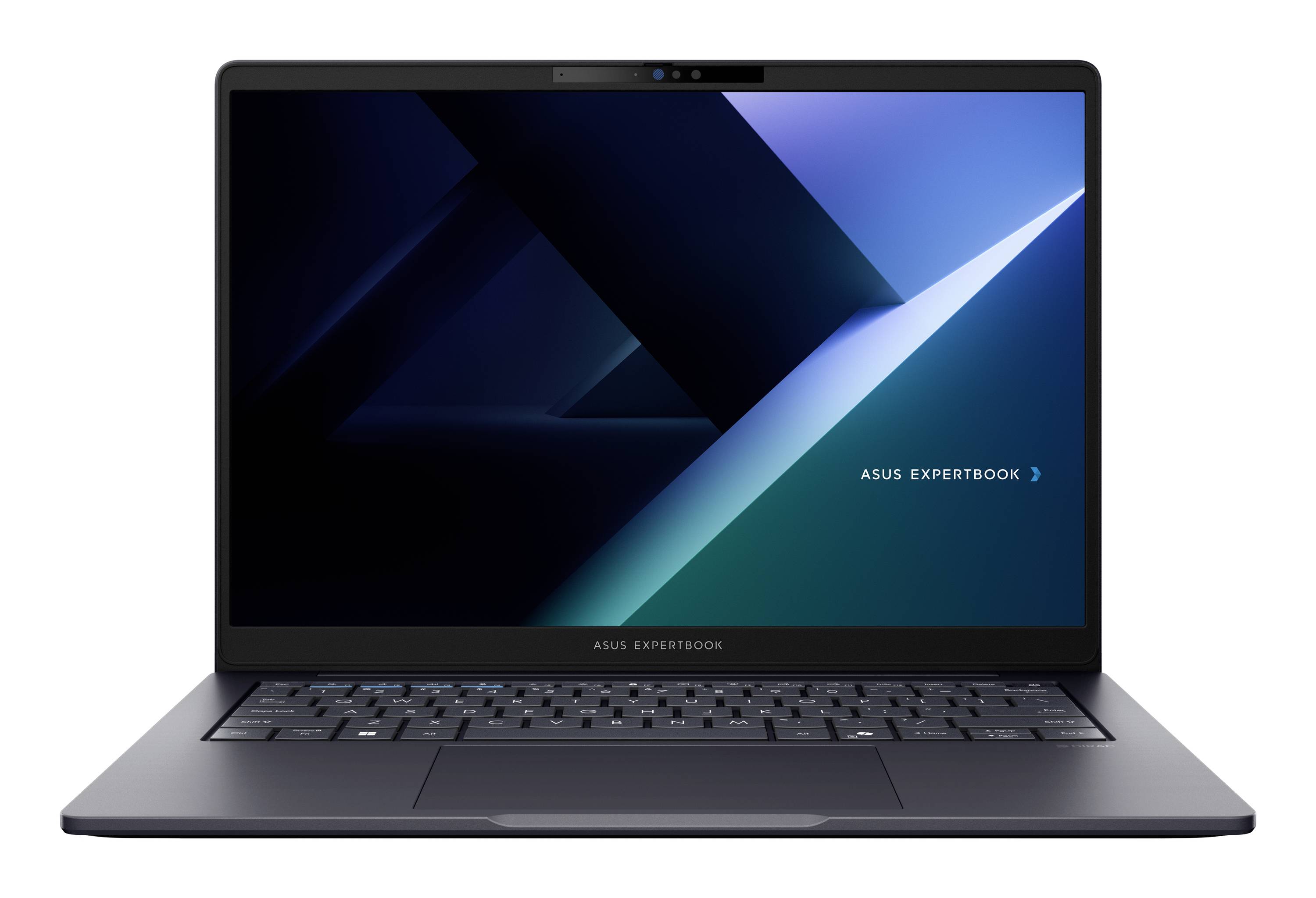 Vorderansicht eines offenen ASUS ExpertBook-Laptops mit einem blauen geometrischen Hintergrund auf dem Bildschirm.