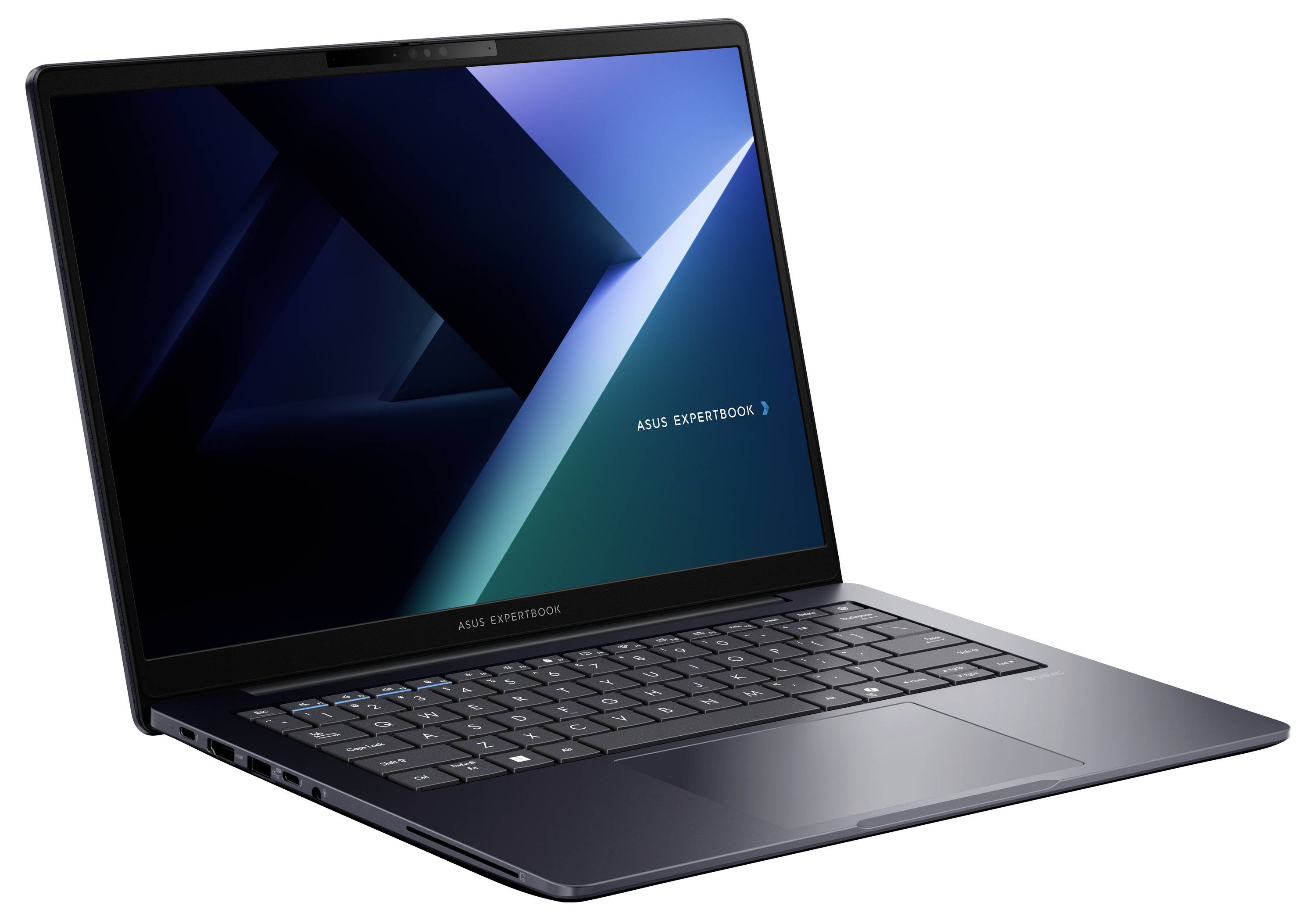 ASUS ExpertBook Laptop im schrägen Winkel auf weißem Hintergrund, zeigt die Tastatur und den blauen geometrischen Bildschirm.