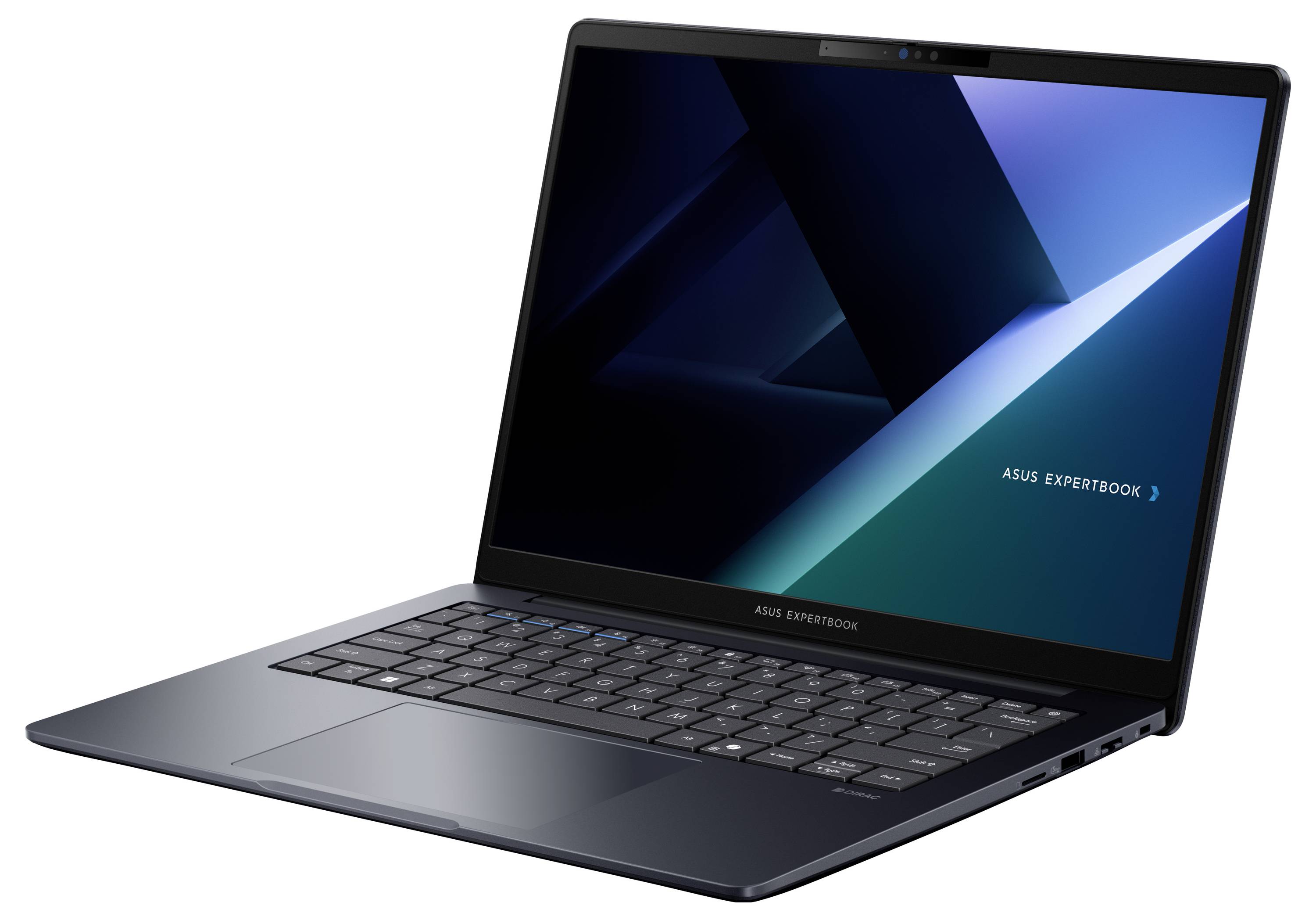 Offene ASUS ExpertBook Laptop, schräg auf weißem Hintergrund abgebildet, mit blauem geometrischem Hintergrundbild auf dem Bildschirm.