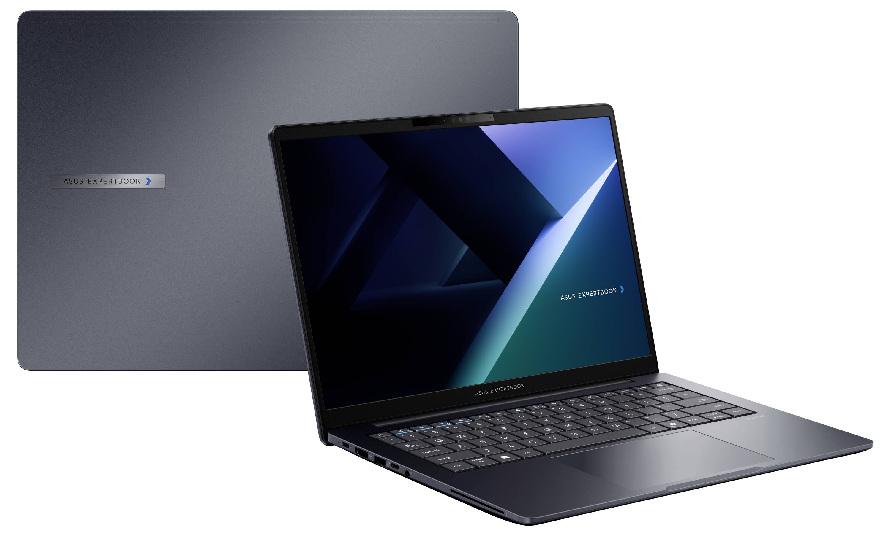 ASUS ExpertBook Laptop teilweise geöffnet, mit dunkelblauem geometrischem Bildschirm und passendem grauem Deckel mit „ASUS ExpertBook" Branding.
