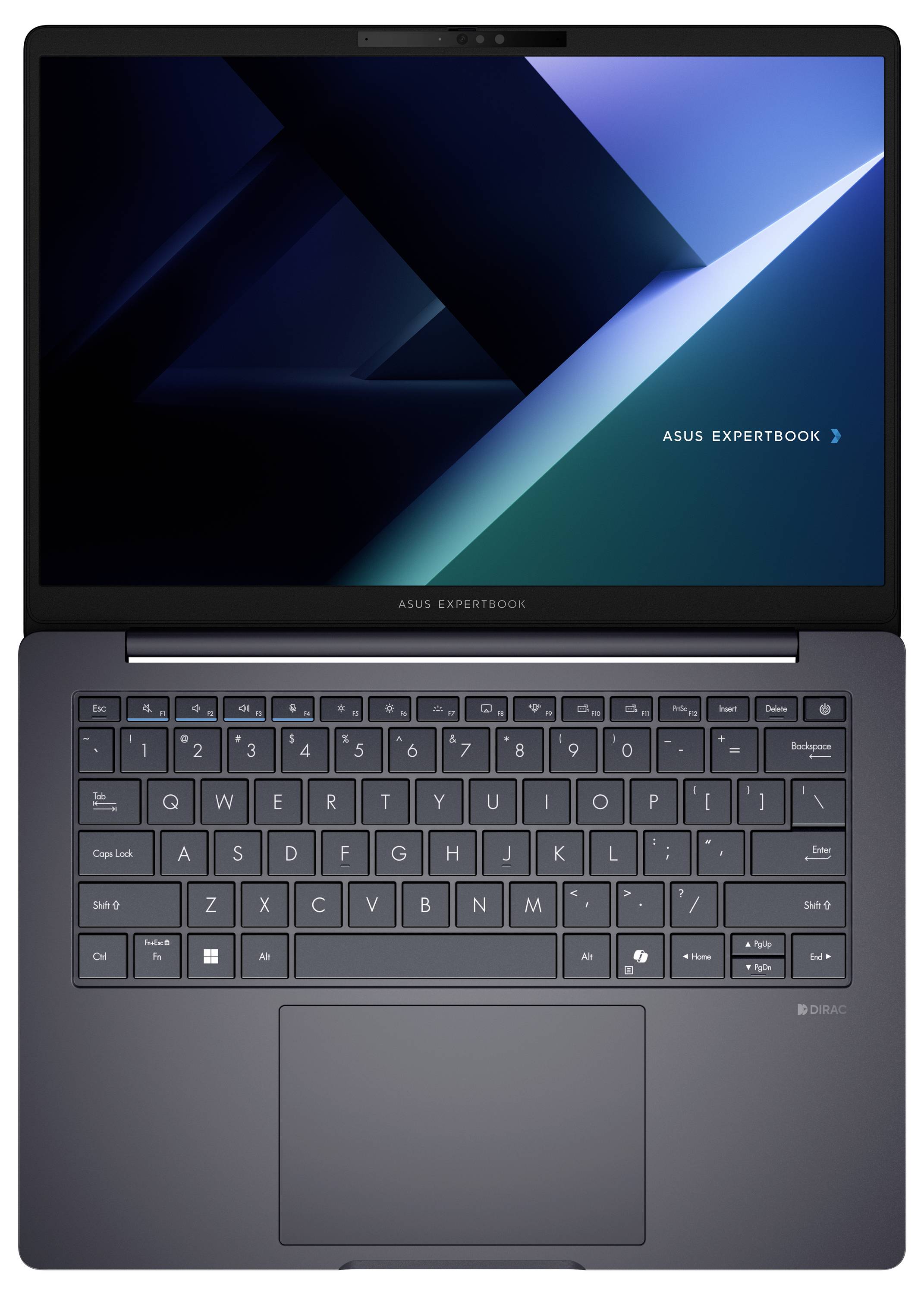 Draufsicht auf einen ASUS ExpertBook-Laptop mit eingeschaltetem Bildschirm und Tastatur, die das Gerätedesign und das Trackpad zeigt.