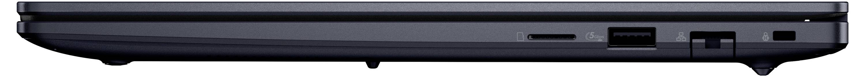 Seitenansicht eines geschlossenen schwarzen Laptops, die die dünne Basiskante mit einer Lüftungsöffnung, einem USB-Anschluss und anderen Seitenverbindungen zeigt.
