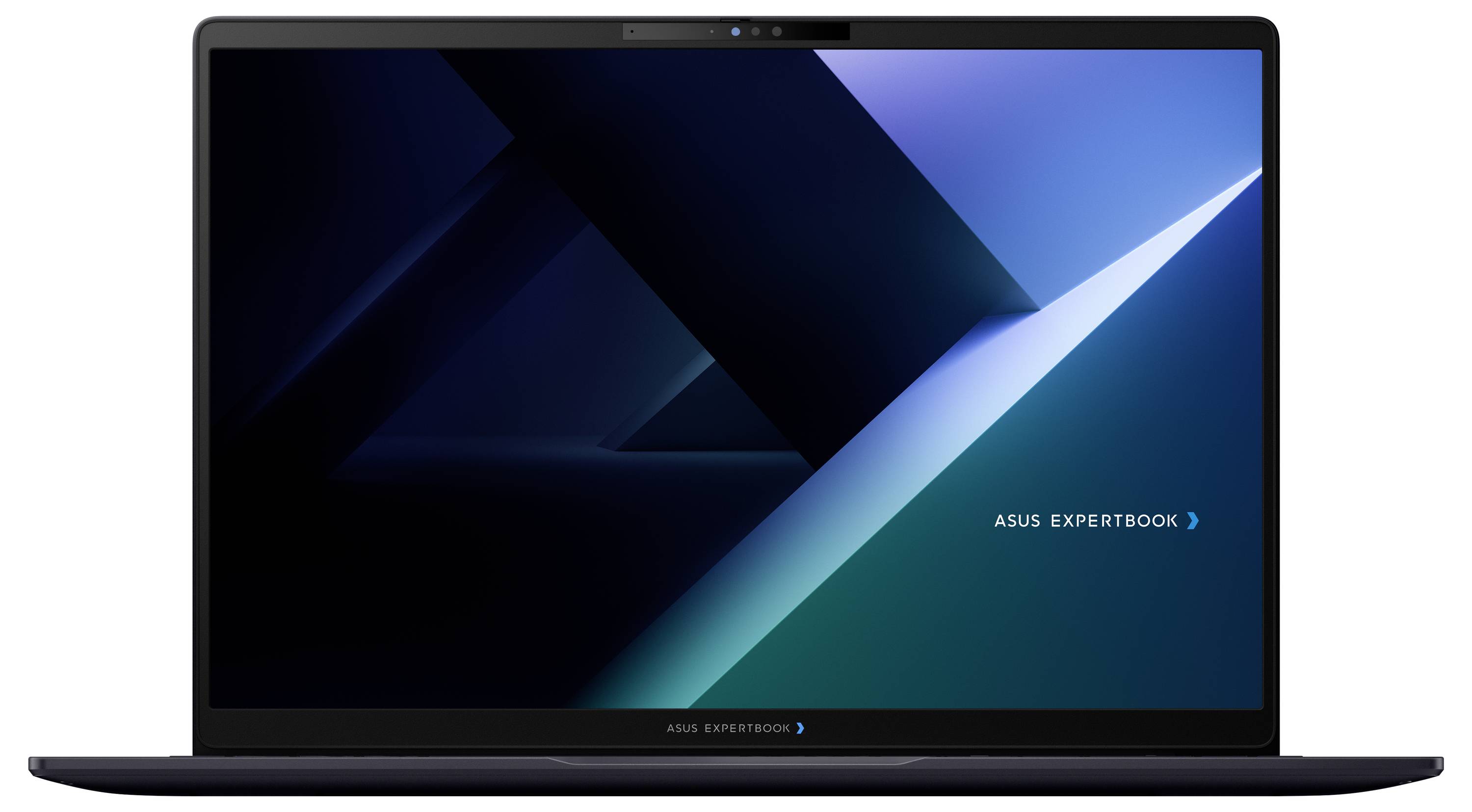 ASUS ExpertBook-Laptop von vorne gezeigt mit einem dunklen geometrischen blauen Bildschirm, auf dem das Logo "ASUS EXPERTBOOK" angezeigt wird