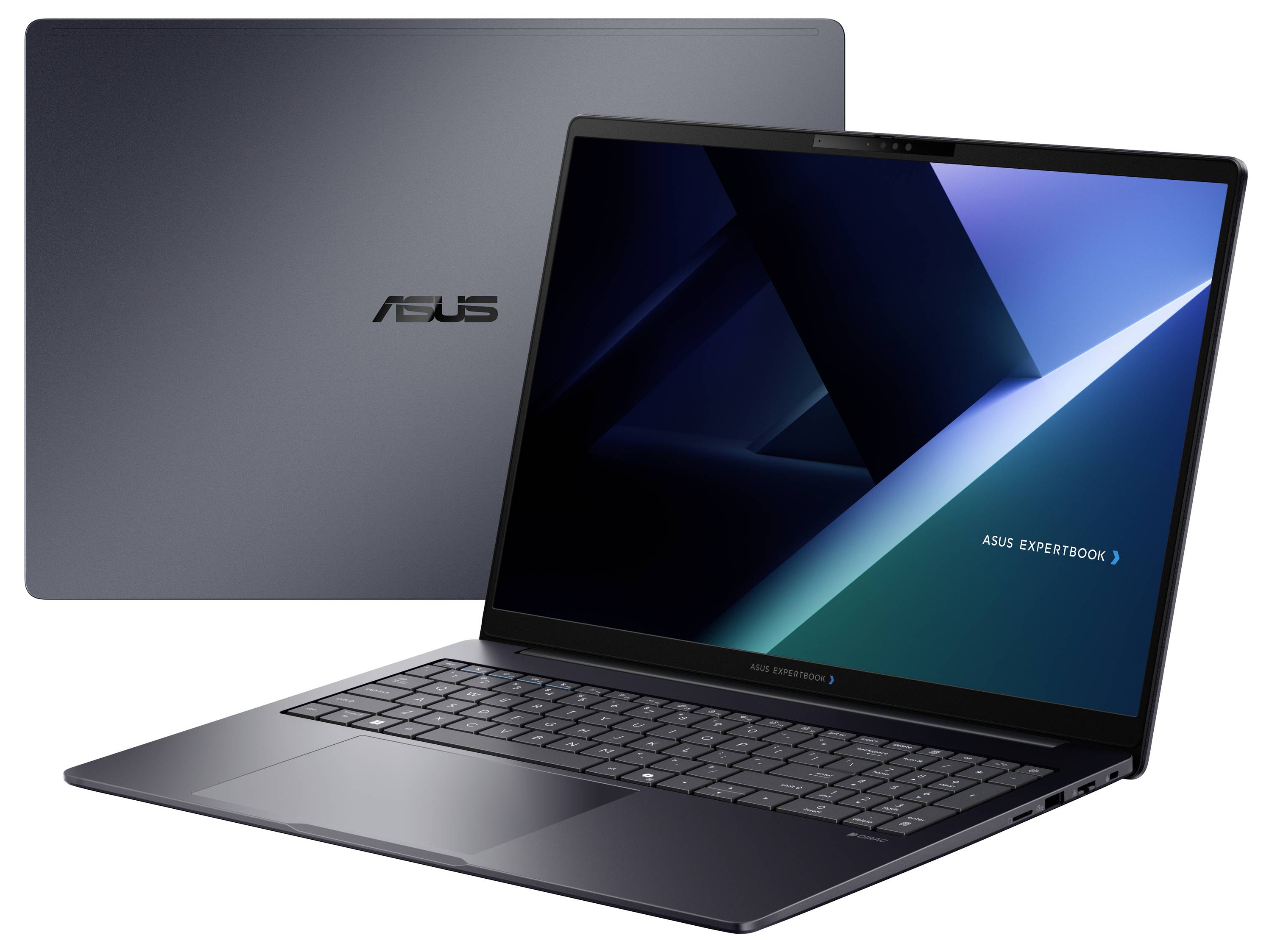 ASUS Laptop, das offen mit eingeschaltetem Bildschirm und geschlossenem Deckel dahinter angezeigt wird und das ASUS ExpertBook-Branding zeigt.