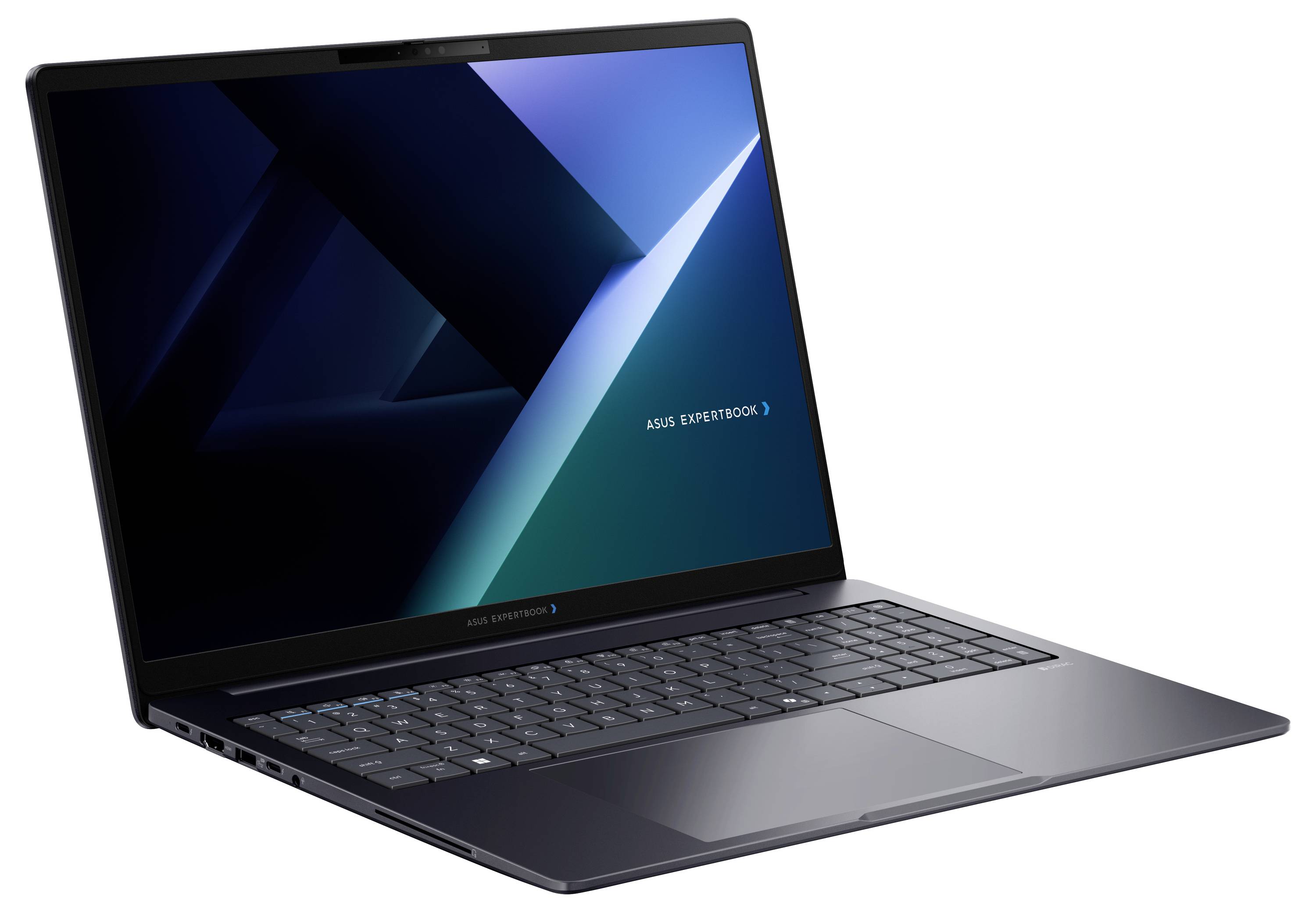Ein ASUS-Laptop, der in einem Winkel geöffnet ist, mit einem dunklen geometrischen Hintergrundbild auf dem Bildschirm und einer schlanken Tastatur auf weißem Hintergrund.