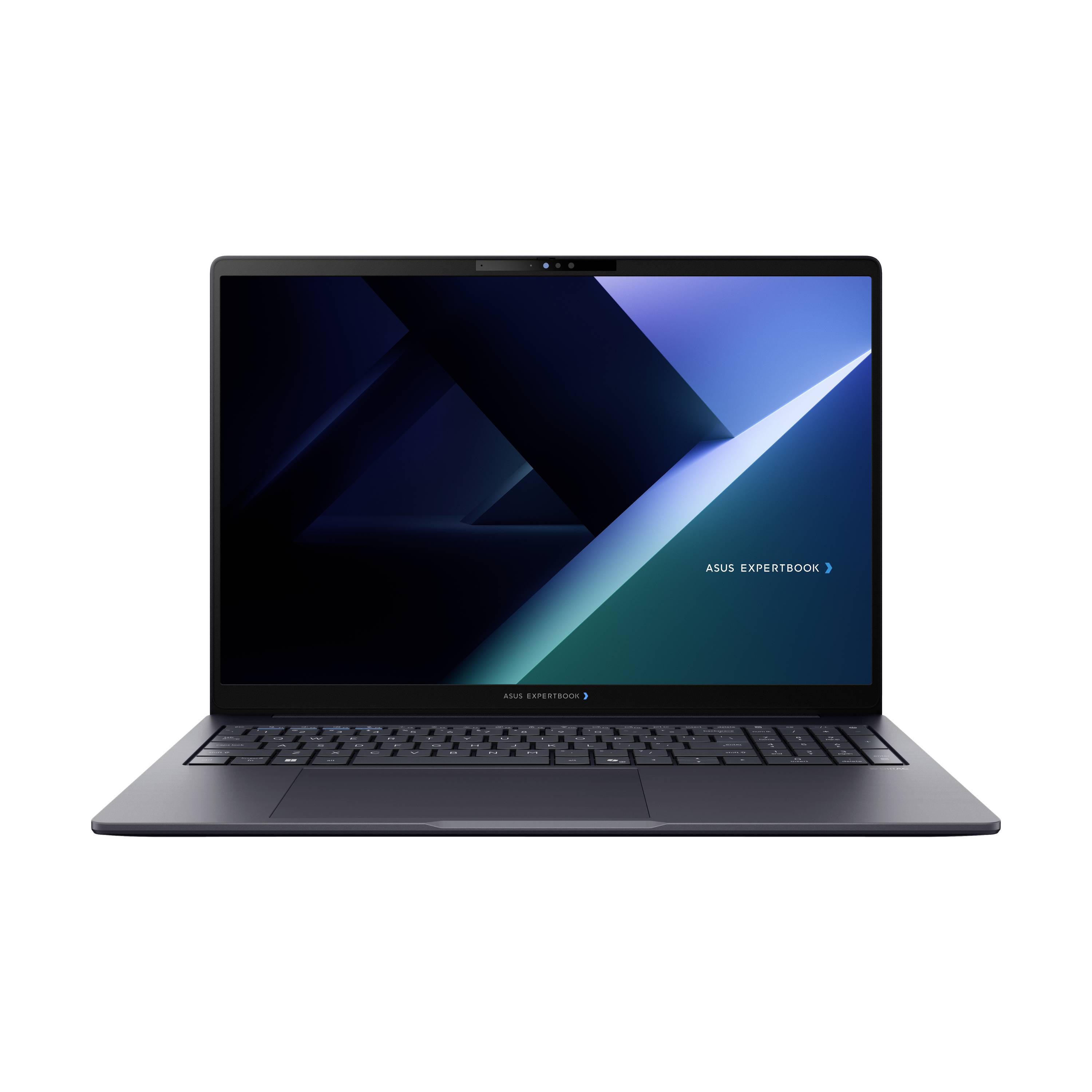Vorderansicht eines geöffneten ASUS ExpertBook-Laptops auf weißem Hintergrund, auf dem Bildschirm wird ein blauer abstrakter Hintergrund angezeigt.