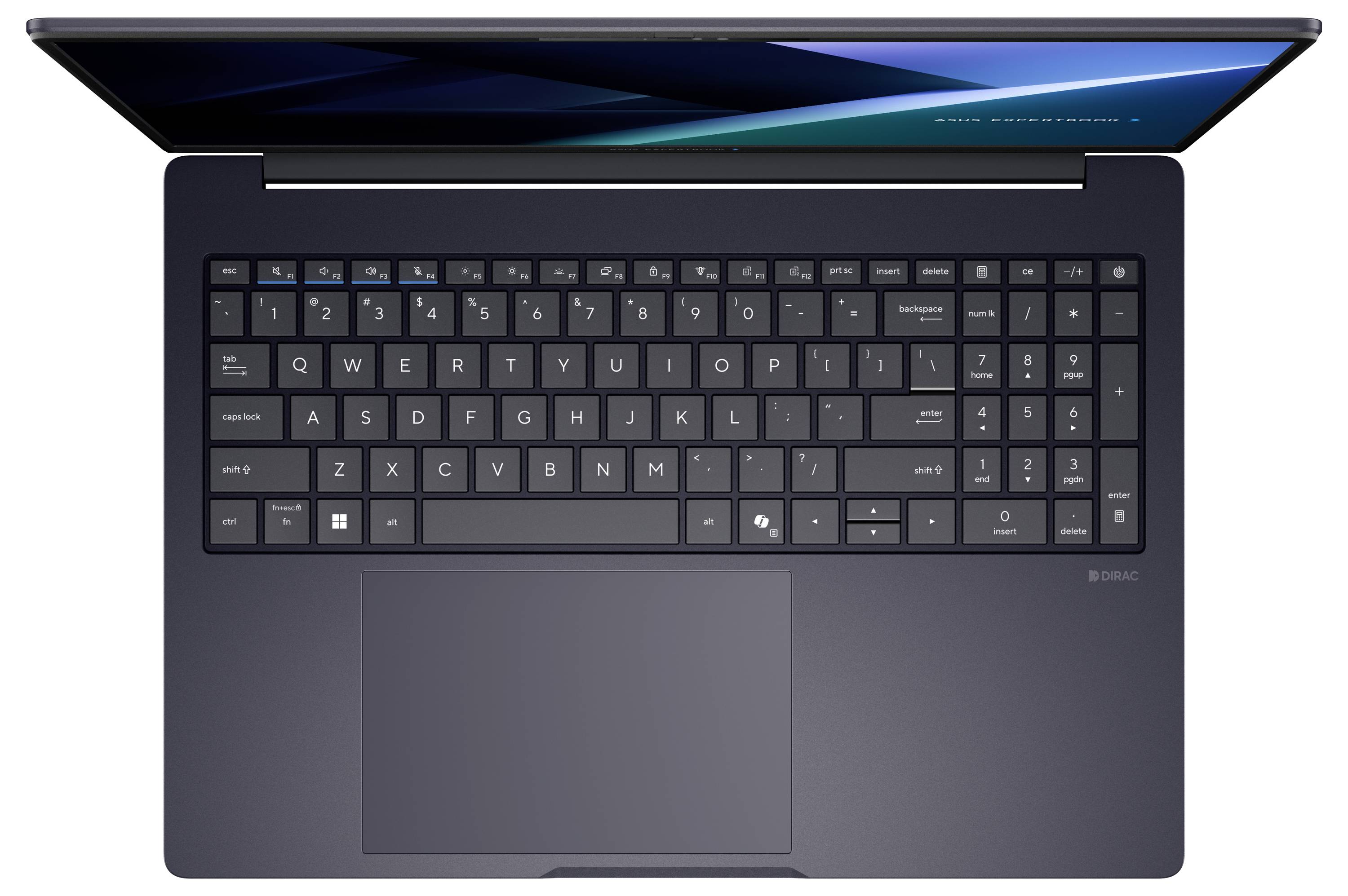 Draufsicht auf einen offenen schwarzen Laptop mit einer vollständigen Tastatur und großem Touchpad auf weißem Hintergrund.