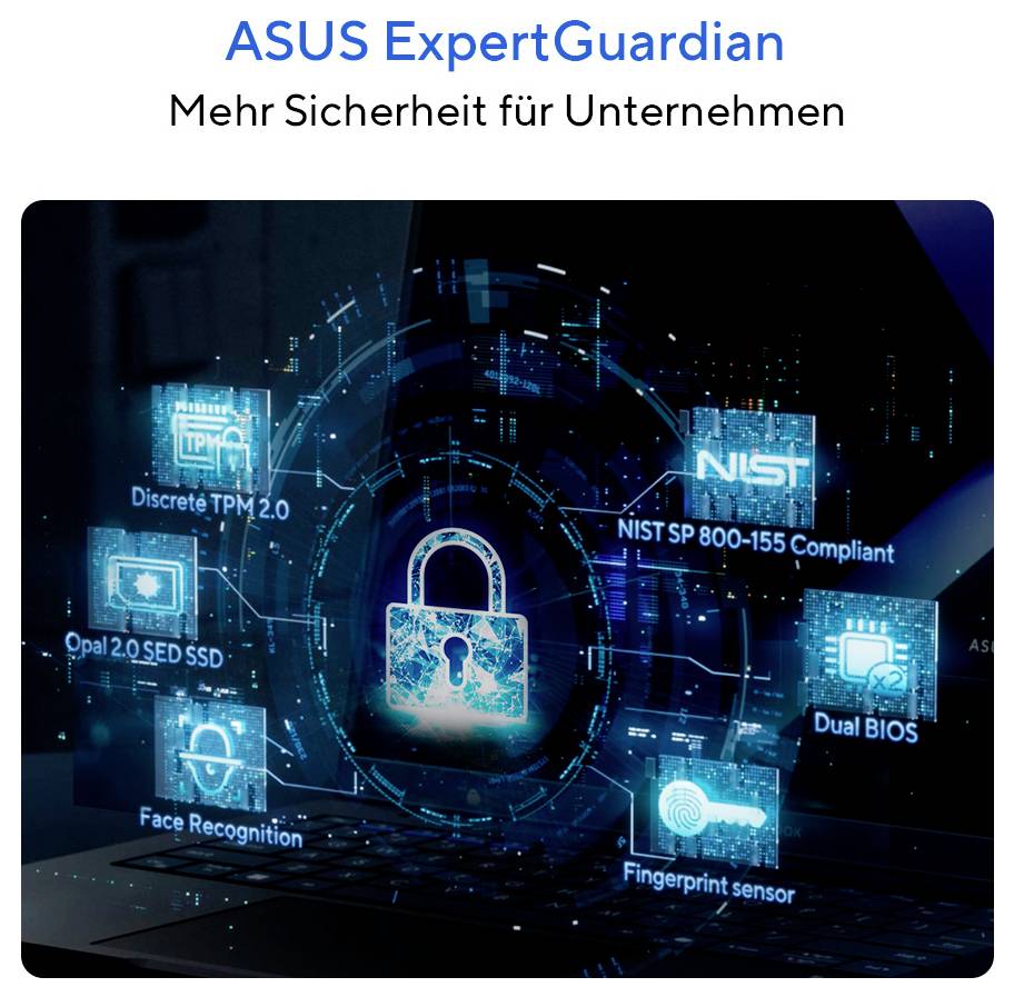 ASUS ExpertGuardian Business-Sicherheitsgrafik mit einem zentralen Schloss und Symbolen für Discrete TPM 2.0, Opal 2.0 SSD, Gesichtserkennung, Fingerabdrucksensor, Dual BIOS und NIST SP 800-155 Compliance.
