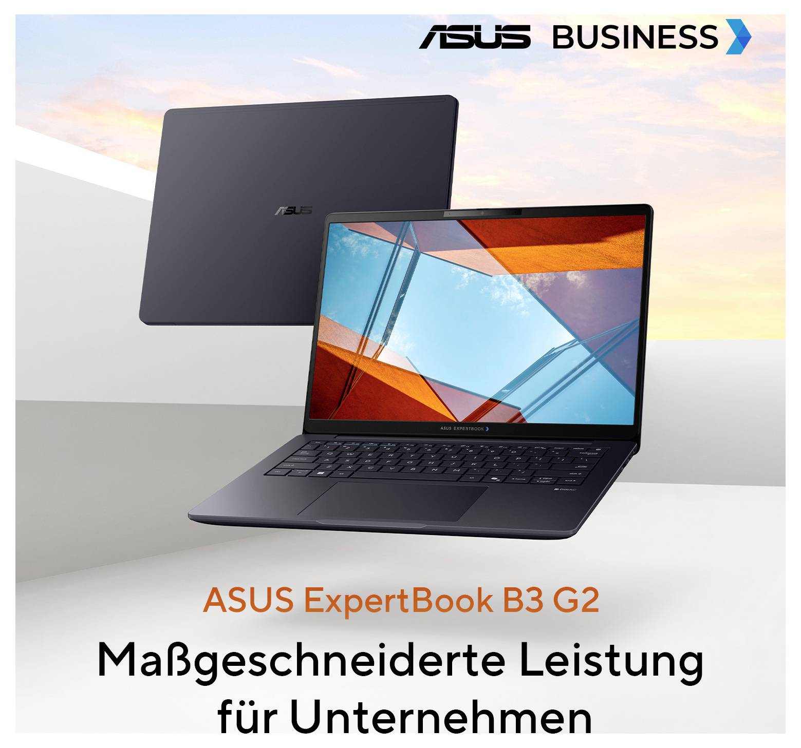 ASUS ExpertBook B3 G2 Laptop, offen dargestellt mit geschlossenem Deckel dahinter; Deutscher Text lautet „Maßgeschneiderte Leistung für Unternehmen" und „ASUS BUSINESS".