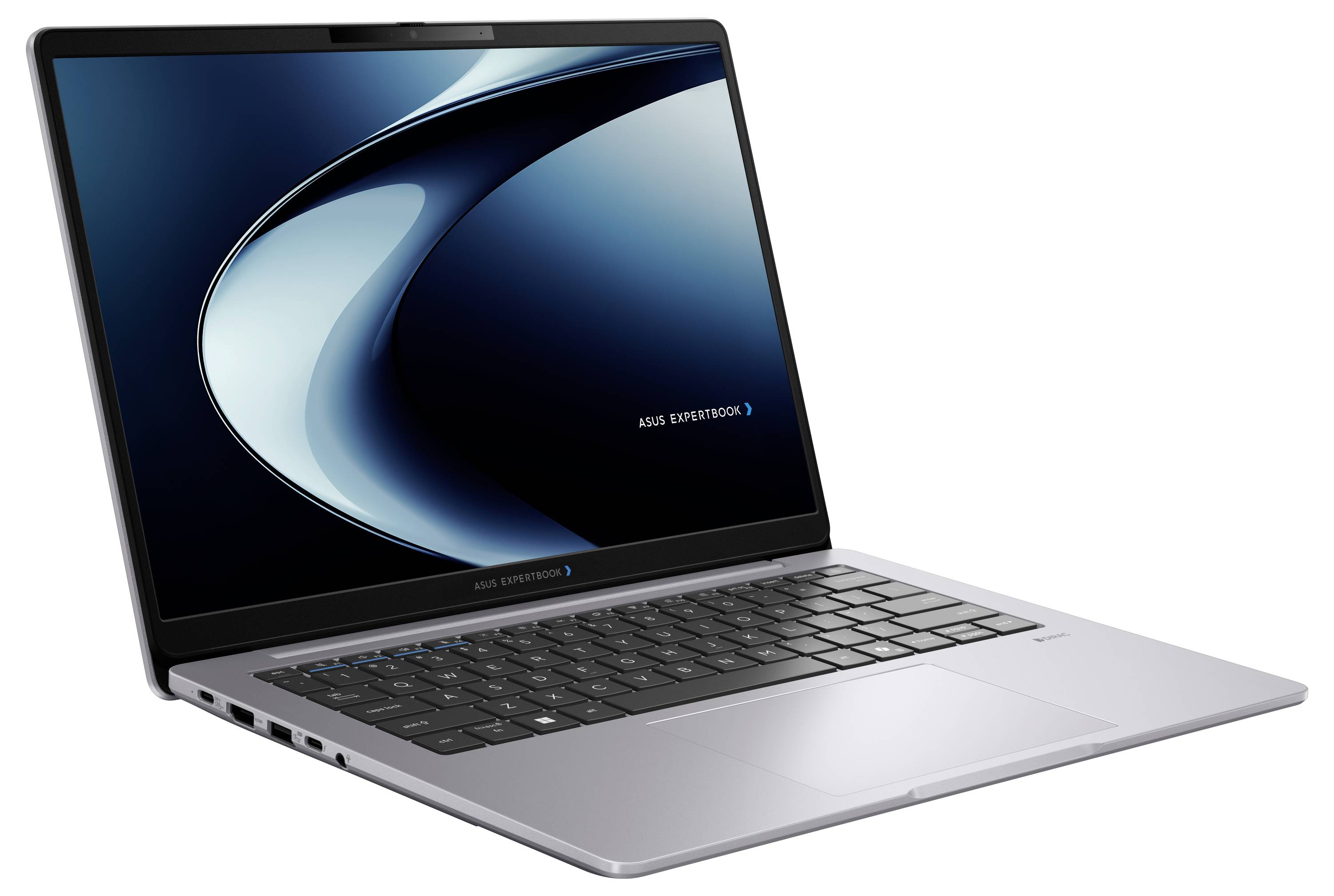 Silberner ASUS-Laptop in schräger Position auf weißem Hintergrund, zeigt eine blaue abstrakte Tapete auf dem Bildschirm.