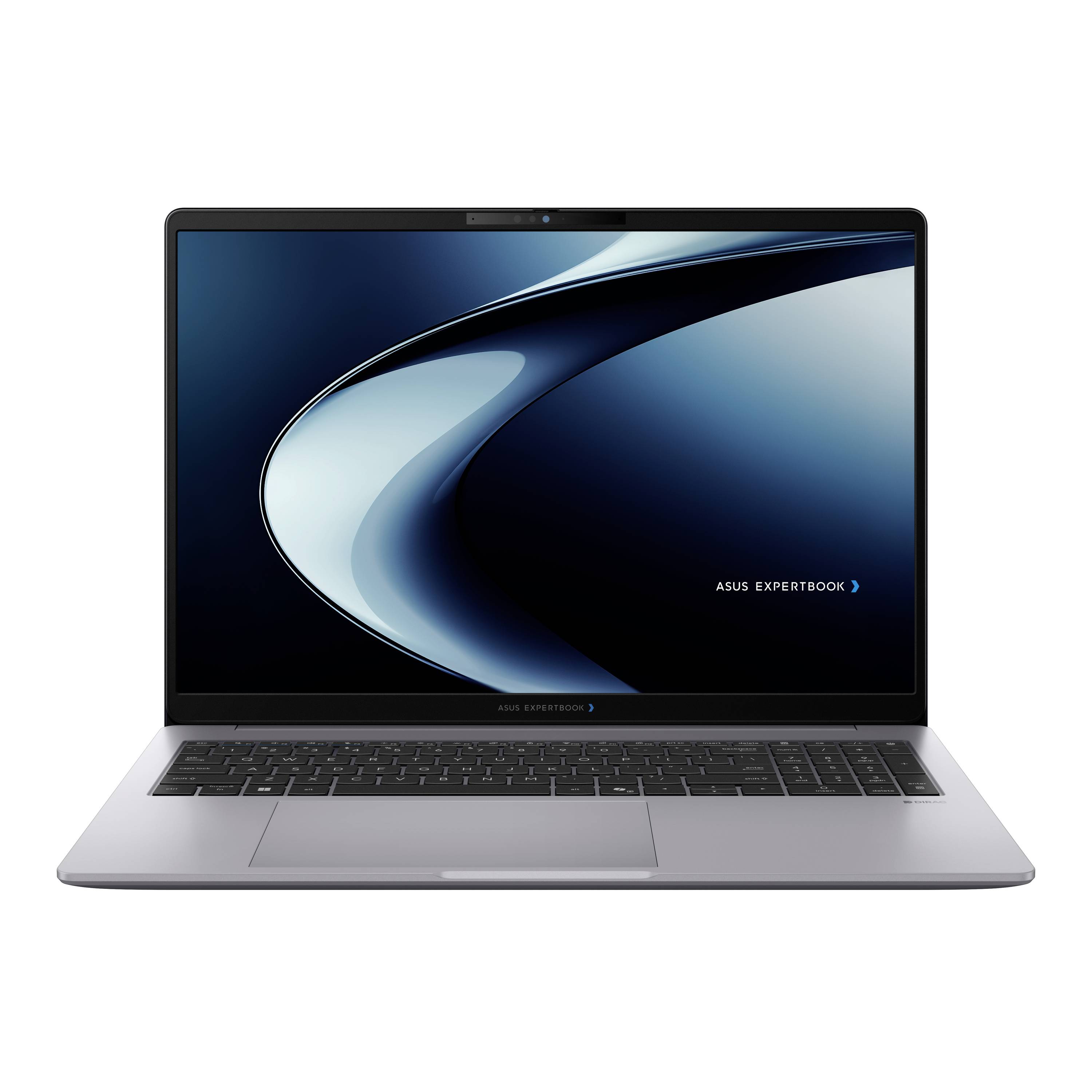 Silberner ASUS ExpertBook Laptop, aufgeklappt auf weißem Hintergrund mit blauem abstraktem Bildschirmdisplay.
