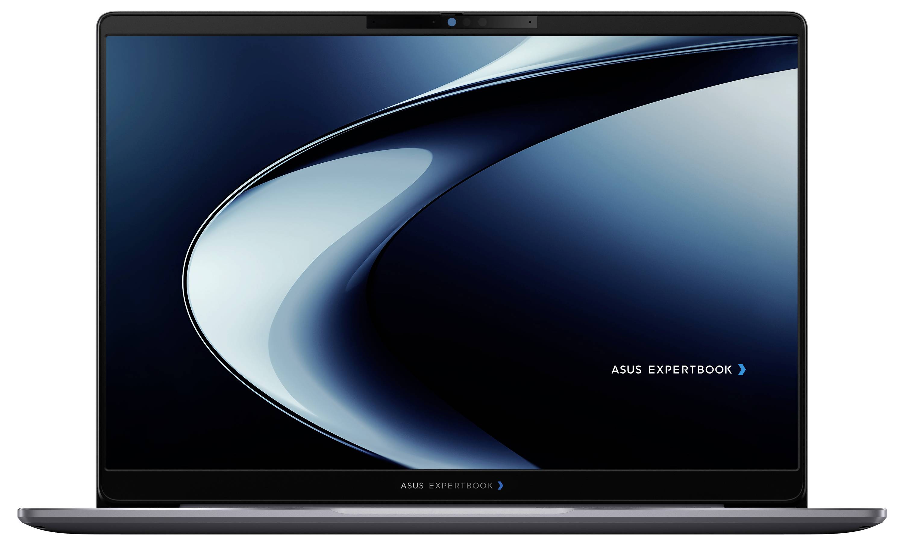 Frontansicht eines ASUS ExpertBook-Laptops mit aktiviertem Bildschirm, der ein blaues abstraktes Hintergrundbild und das Branding "ASUS EXPERTBOOK" zeigt.