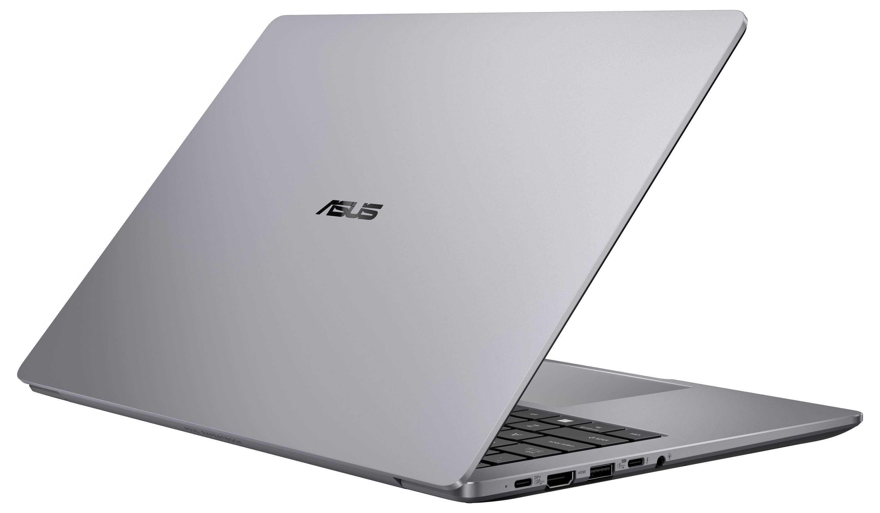 Ein offener silberner ASUS-Laptop, teilweise geschlossen auf weißem Hintergrund gezeigt, mit dem ASUS-Logo auf dem Deckel sichtbar.