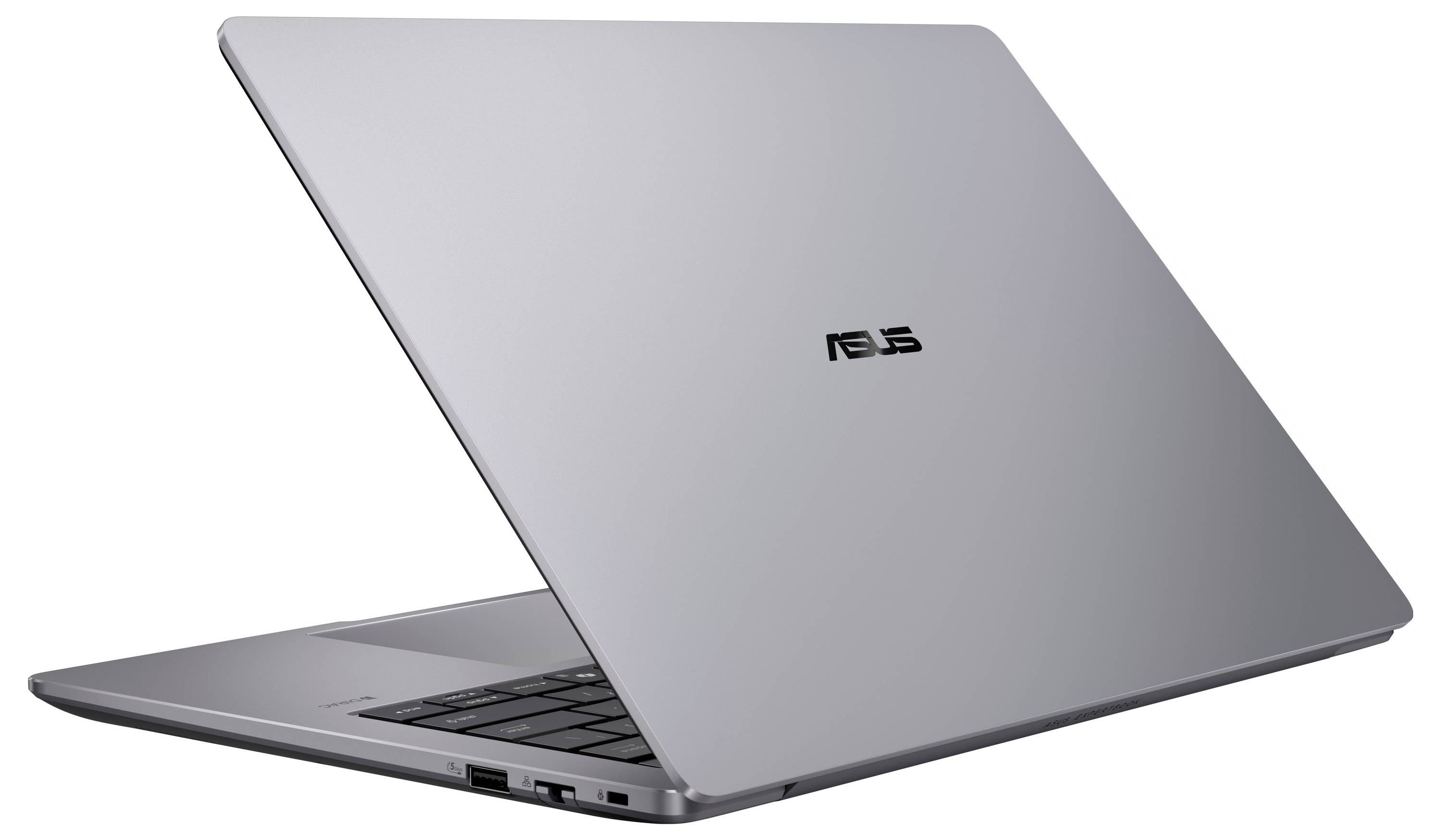 Silberner ASUS-Laptop, von der Seite teilweise geöffnet gezeigt, auf weißem Hintergrund.