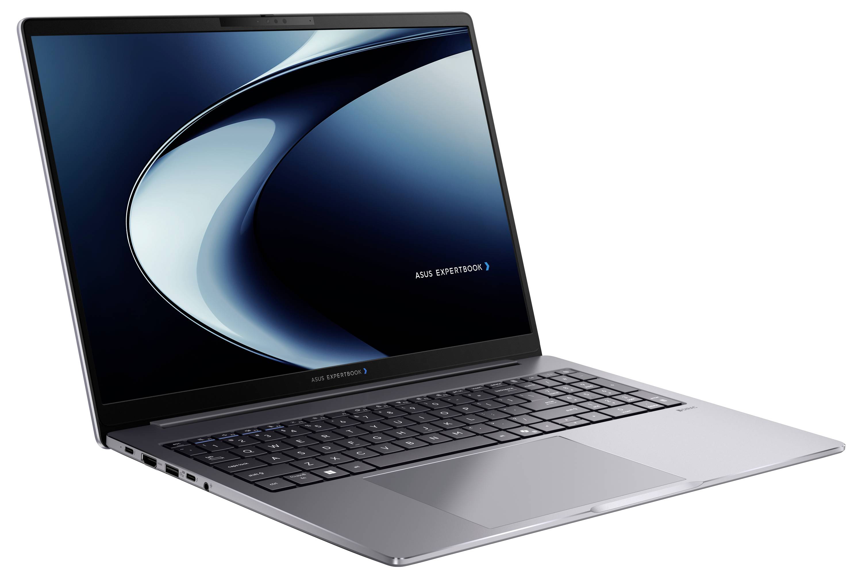 Silberner ASUS-Laptop, der in einem Winkel geöffnet dargestellt ist, mit einem blauen abstrakten Hintergrundbild auf dem Bildschirm.