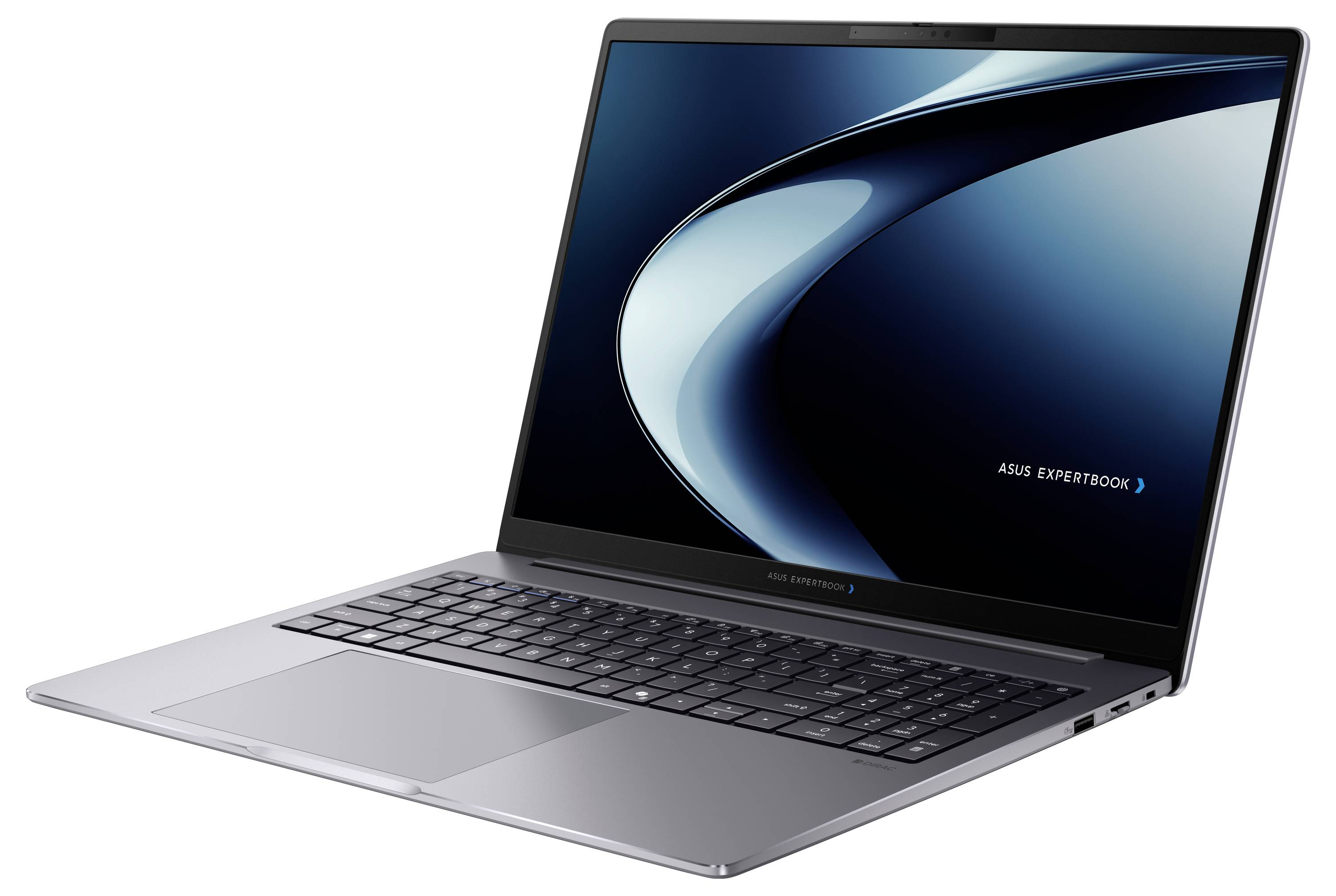 # ASUS ExpertBook Laptop im Winkel auf weißem Hintergrund positioniert, zeigt eine blaue abstrakte Tapete auf dem Bildschirm.