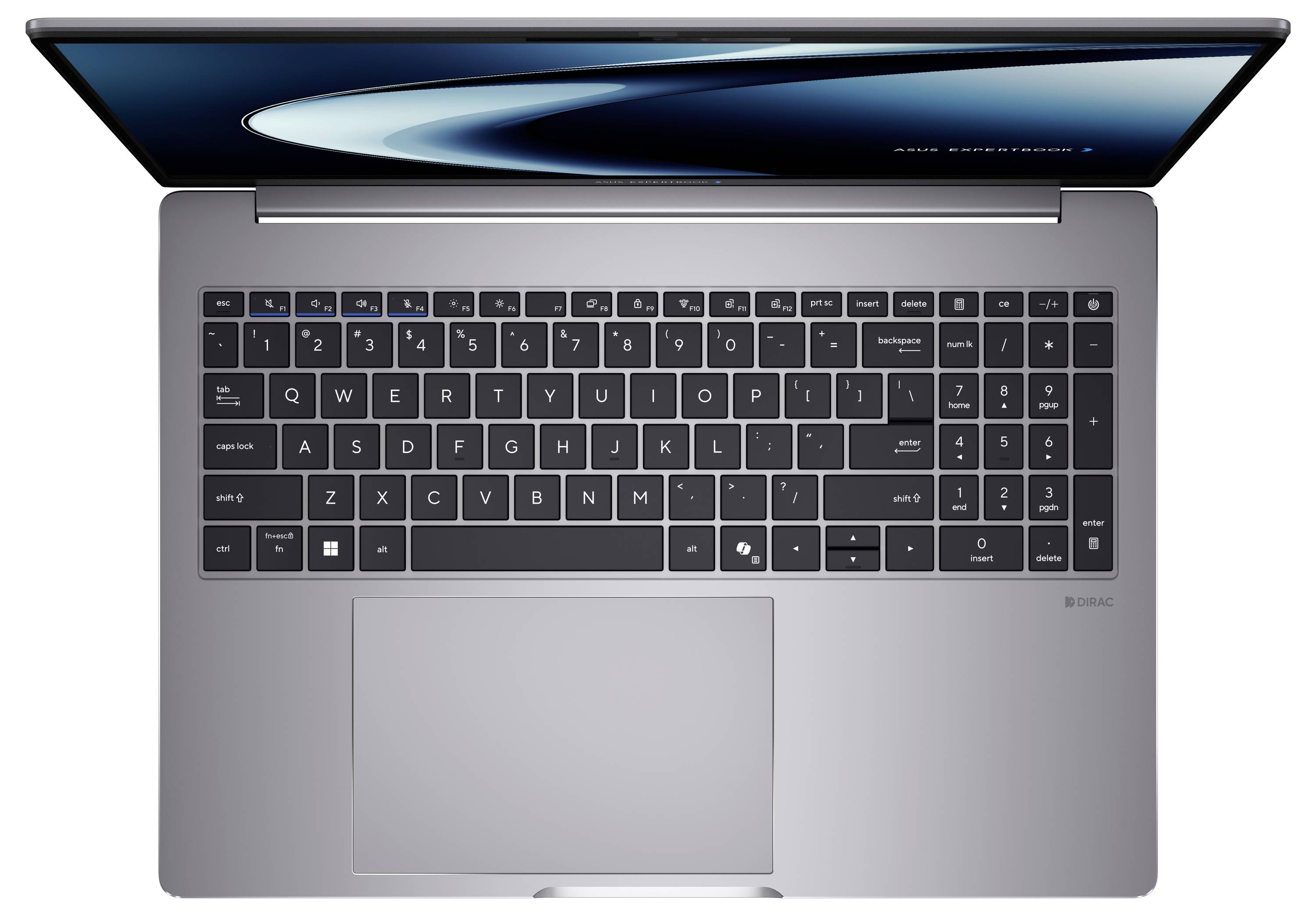 Draufsicht auf einen offenen silbernen Laptop mit großer Tastatur und zentriertem Touchpad auf weißem Hintergrund.