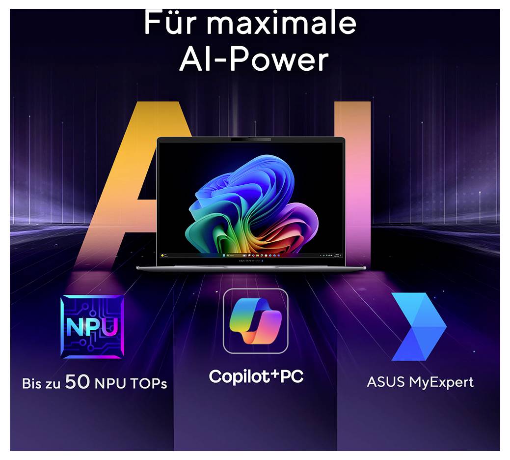 ASUS Copilot+ PC Anzeige mit einem Laptop mit farbenfrohem Display und dem Text „Für maximale AI-Power", „Bis zu 50 NPU TOPs", „Copilot+PC" und „ASUS MyExpert".