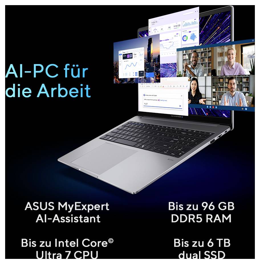 Asus Notebook ExpertBook P5 G1 40.6cm (16 Zoll) WUXGA 225H 8GB RAM 512GB SSD Deutsch, QWERTZ Intel Intel Arc Graphics Grau 90NX0A