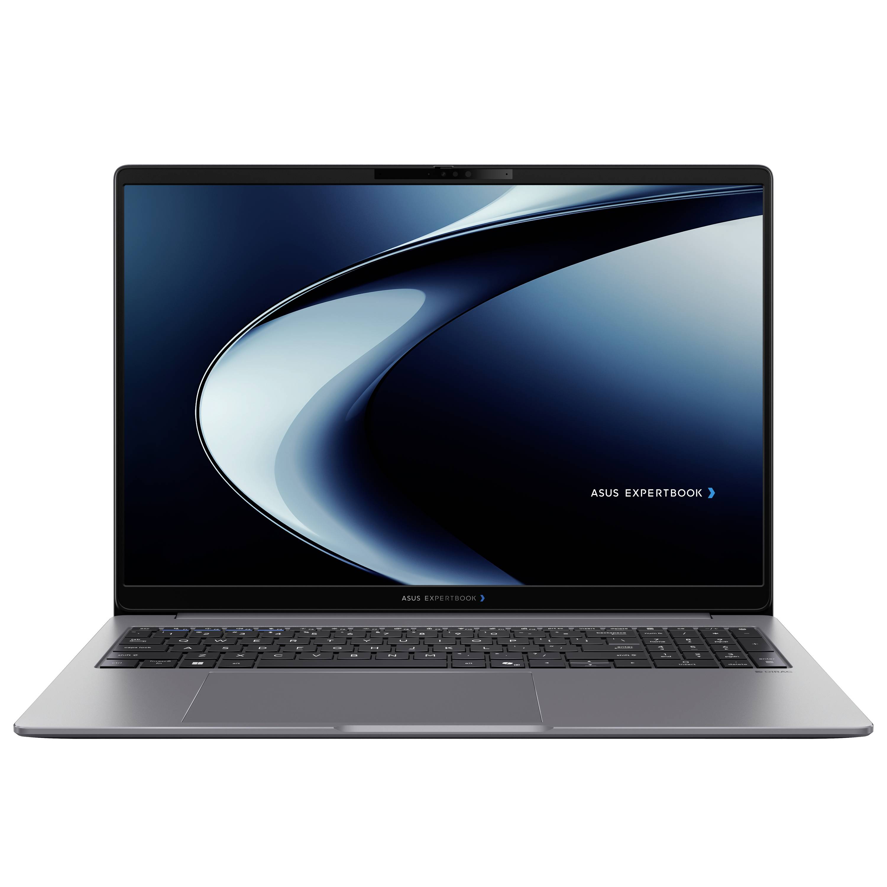 Ein silberner ASUS ExpertBook Laptop, geöffnet auf weißem Hintergrund, mit einem blauen abstrakten Hintergrundbild auf seinem Bildschirm.