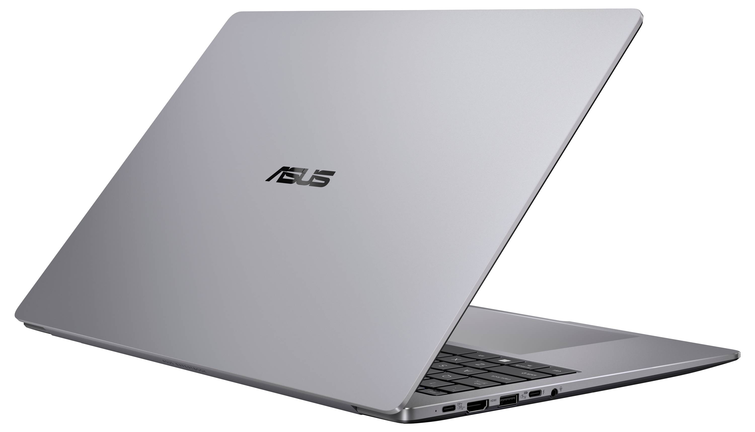 Silberner ASUS-Laptop teilweise geöffnet, der die Tastatur und Seitenhäfen auf weißem Hintergrund zeigt.