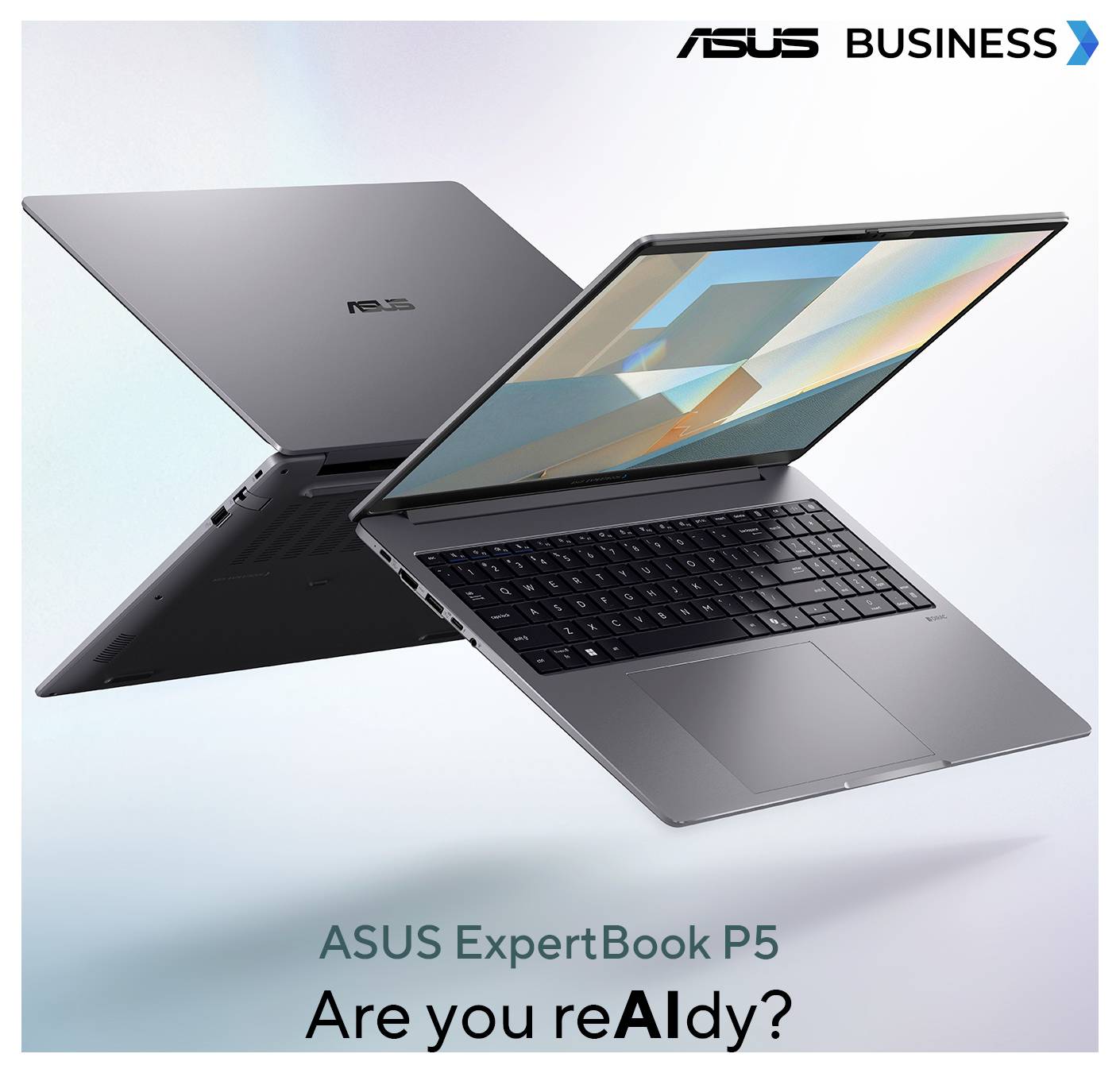 ASUS ExpertBook P5 Laptop, dargestellt in offener, angewinkelter Ansicht schwebend, mit ASUS Business Branding und dem Slogan „Are you reAIdy?" darunter.