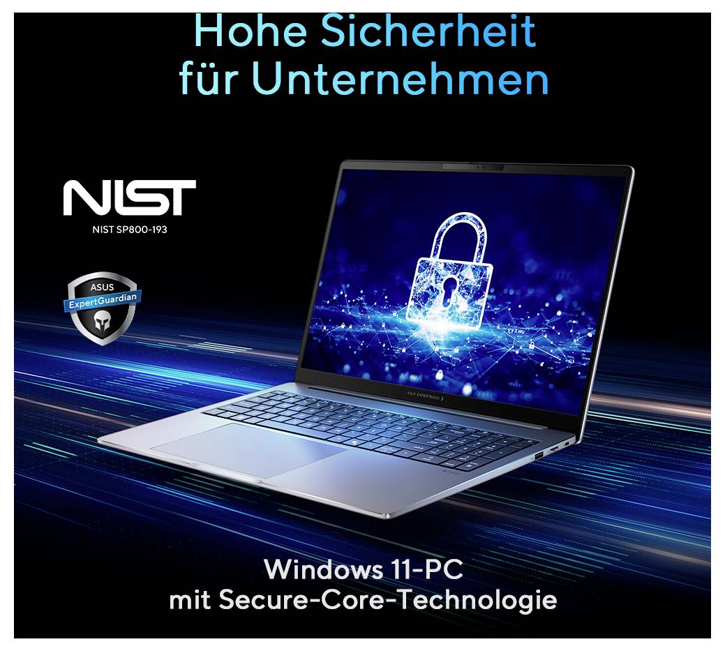 Werbegrafikansicht eines Windows 11-Laptops mit einem leuchtenden Vorhängeschloss, mit den Beschriftungen „Hohe Sicherheit für Unternehmen" und „Windows 11-PC mit Secure-Core-Technologie", mit den Logos NIST SP800-193 und ASUS ExpertGuardian.