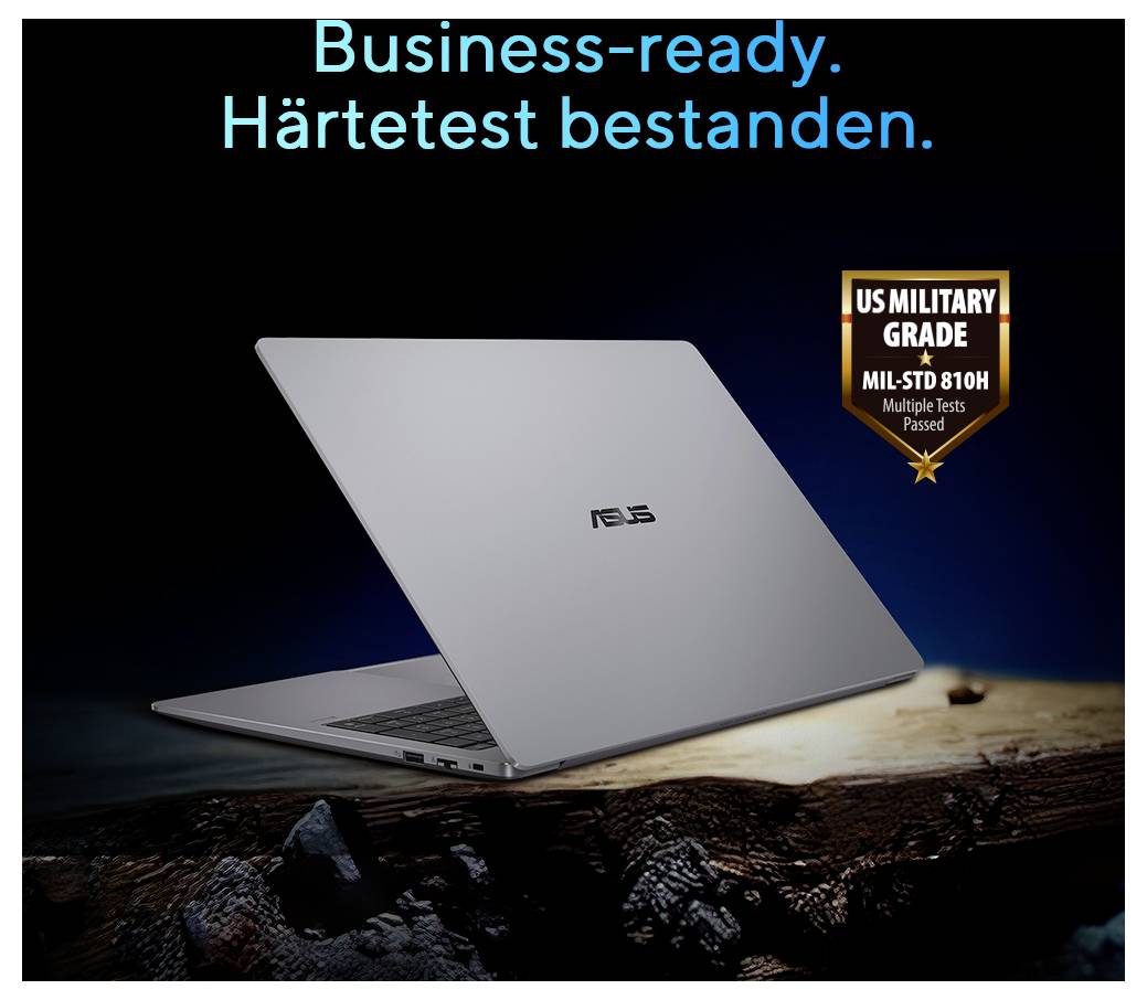 Silberner ASUS-Laptop offen auf einer rauen Oberfläche mit dem Text „Business-ready. Härtetest bestanden." und einem Badge „US Military Grade MIL-STD 810H"