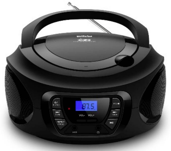 Tragbares schwarzes Boombox-Radio mit Tragegriff, Antenne, Lautsprechern und blauem Digitaldisplay mit der Anzeige 87.5.