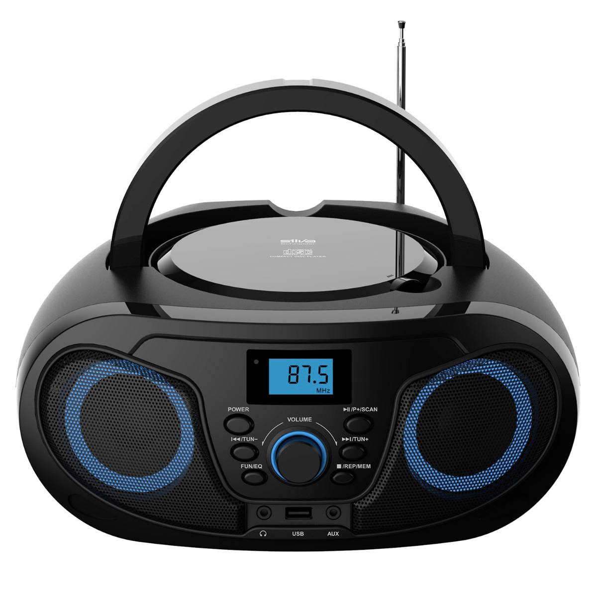 Tragbarer schwarzer Boombox-Radio mit Tragegriff, Antenne, doppelten blau beleuchteten Lautsprechern, digitales Display zeigt 87,5 MHz an, und USB-/AUX-Anschlüsse.