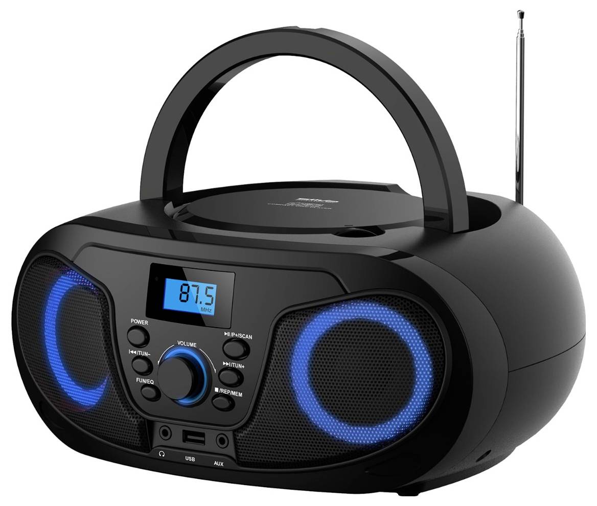 Schwarze tragbare Boombox mit Tragegriff, blaubeleuchtete Lautsprecher, Radioantenne und vordere Bedienelemente für Ein-/Ausschalter, Lautstärke und Eingangswahlschalter.