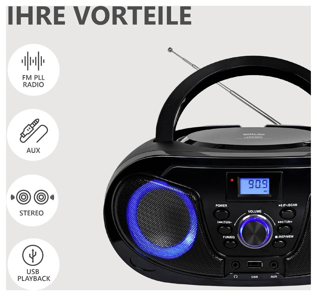 Tragbarer schwarzer Boombox-Radio mit blau beleuchteter Lautsprecher, digitaler Anzeige, Antenne, Tragegriff und Symbolen für UKW-PLL-Radio, AUX, Stereo und USB-Wiedergabe.