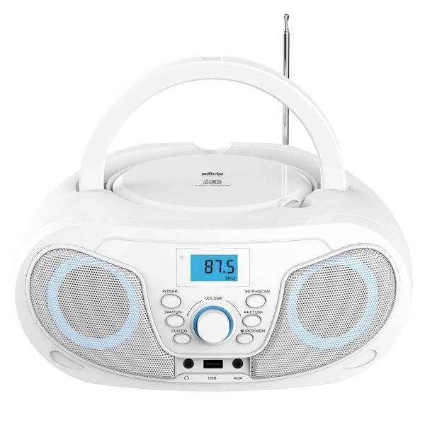 Tragbarer weißer Boombox-Radio mit Tragegriff, Antenne, blauem digitalen Display mit der Anzeige „87.5