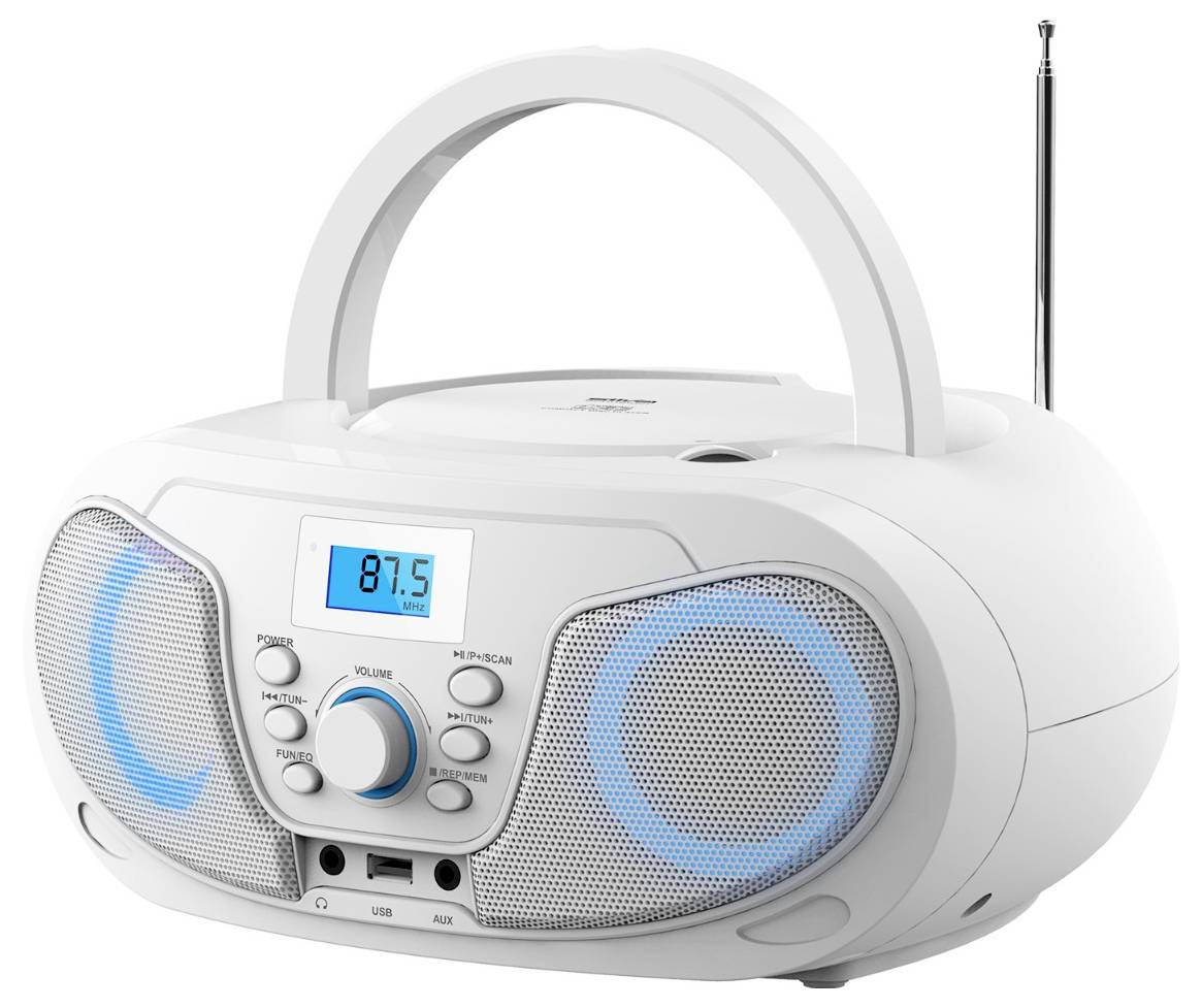 Tragbarer weißer Boombox-Radio mit Tragegriff, Teleskopantenne, blau beleuchteten Lautsprechern und digitaler Anzeige, die 87,5 MHz zeigt.