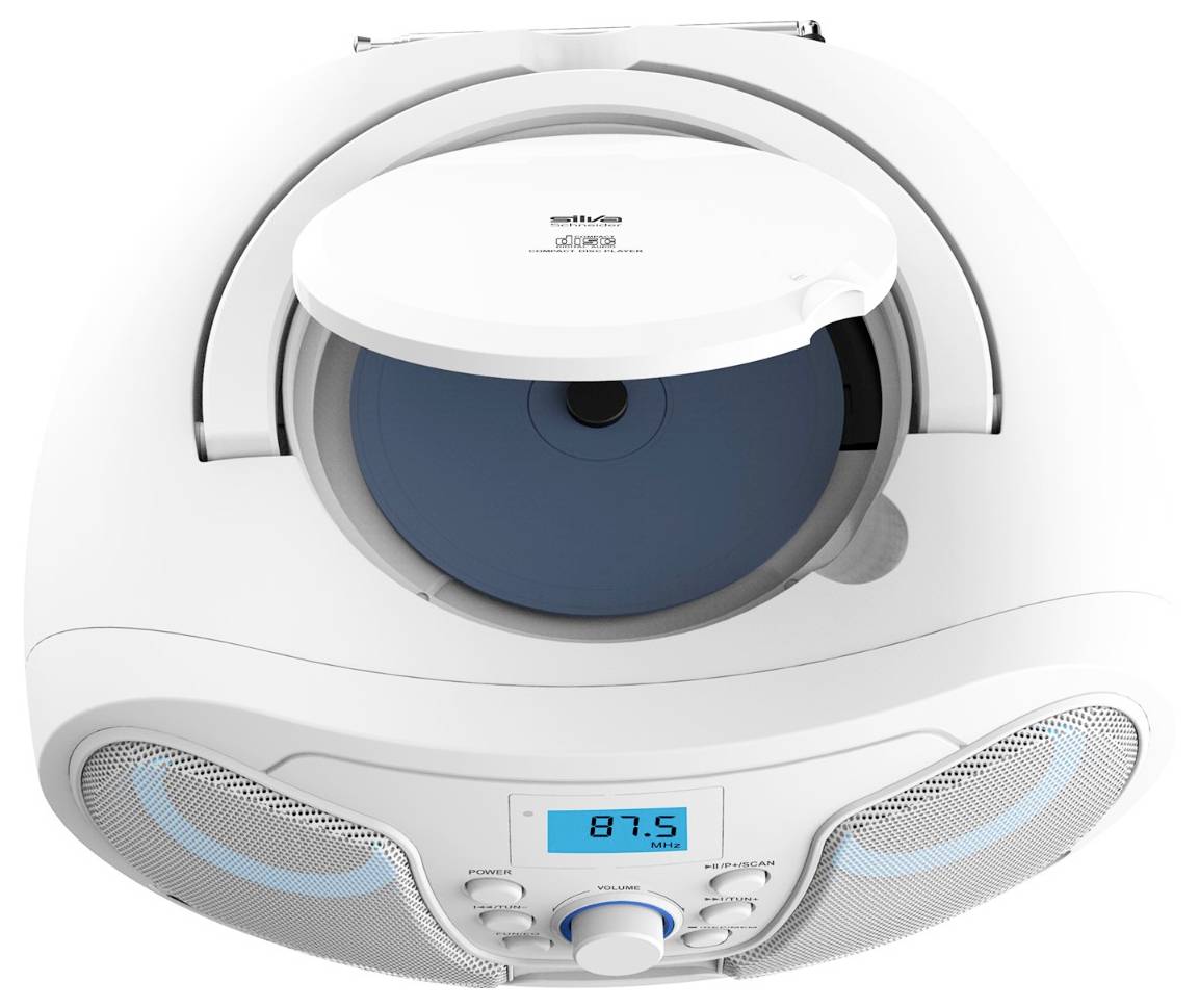 Weißes an der Decke montiertes Stereosystem mit zentralem CD-Player, digitales Display zeigt 87,5, Lautsprecher und Bedienknöpfe.