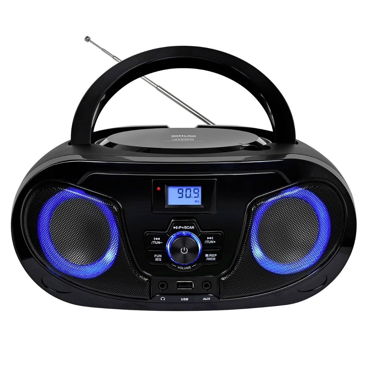 Tragbarer schwarzer Boombox mit Griff, blaue LED-Ring-Lautsprecher, digitales Display mit der Anzeige „90,9