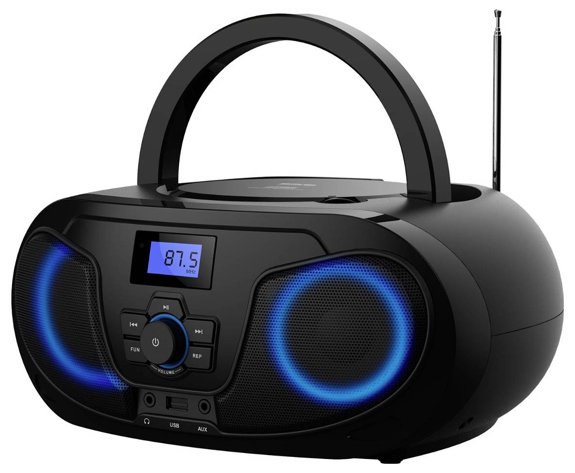 Tragbarer schwarzer Boombox-Radioapparat mit Griff, blaue Sprecherleuchtenschein, digitales Display zeigt 87.5 und ausgefahrene Antenne.