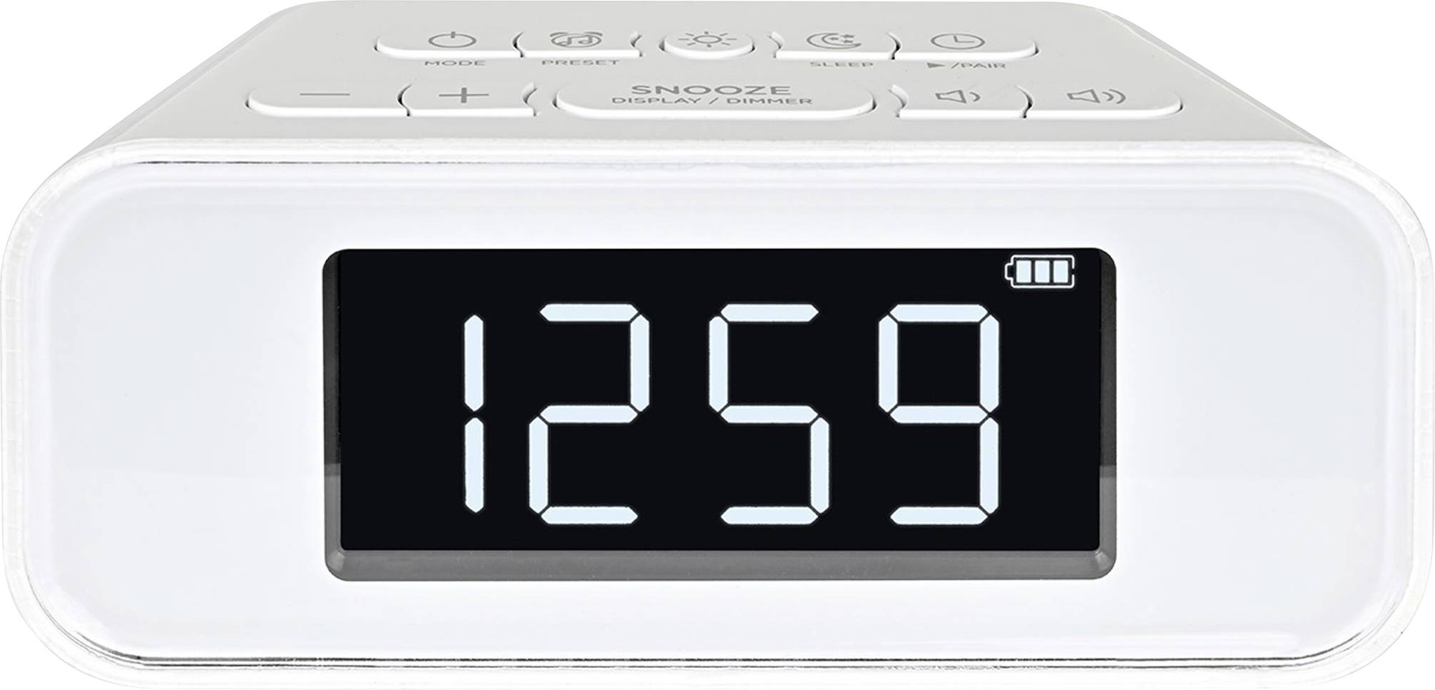 Weiße digitale Wecker zeigt 12:59 mit einem Batteriesymbol auf dem Bildschirm und Bedientasten oben.