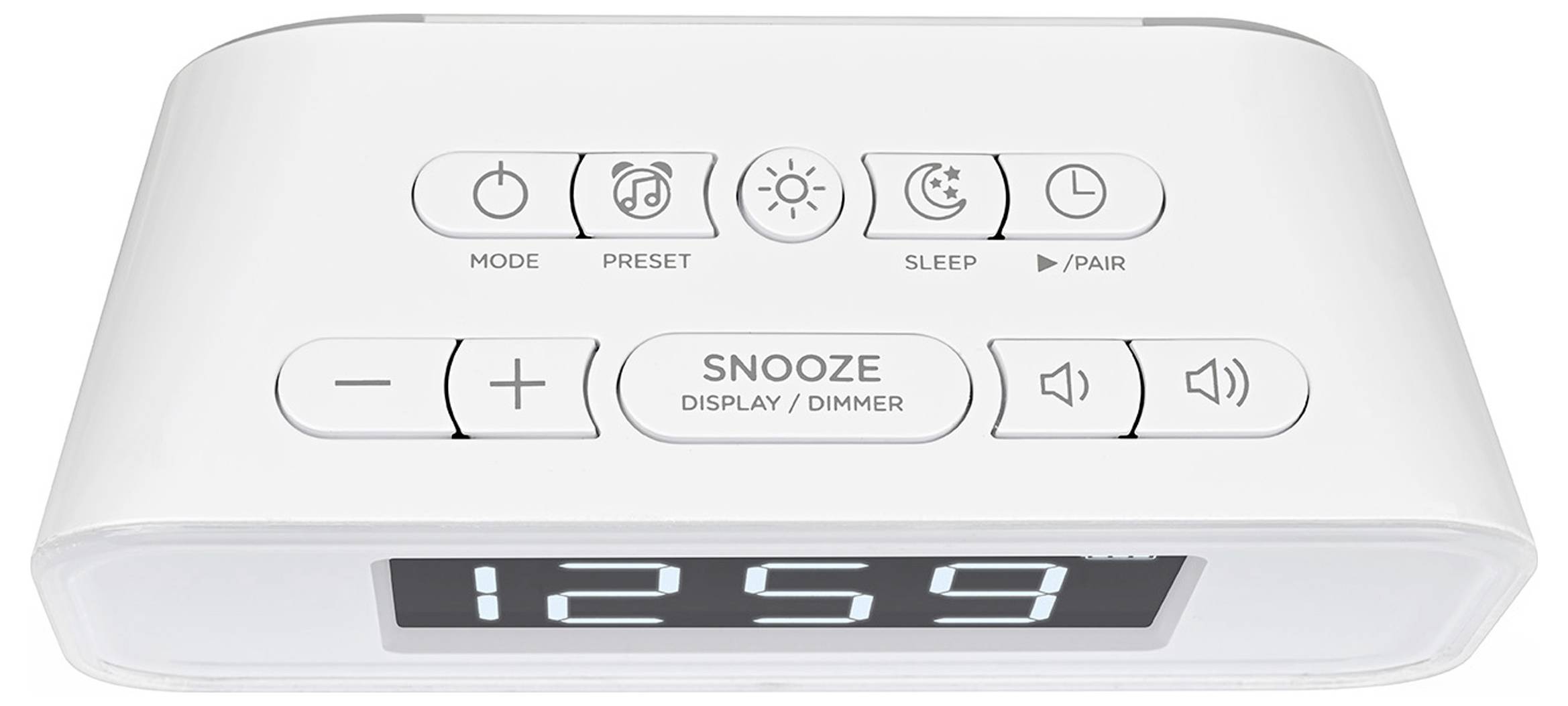 Weiße digitale Wecker mit beleuchtetes Display, das 12:59 anzeigt, obere Tasten für Modus, Voreinstellung, Schlaf/Kopplung, Schlummern/Dimmer, Lautstärke und Weckerfunktionen.