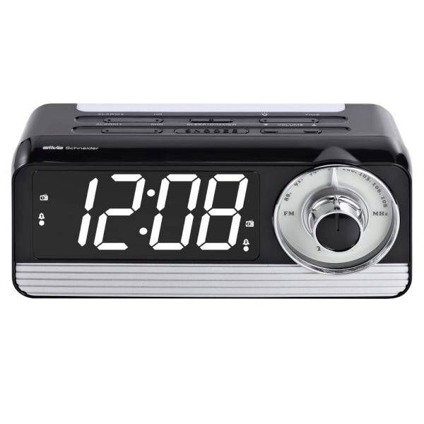 Schwarzer digitaler Radiowecker mit LED-Display, das 12:00 anzeigt, und silbernem Abstimmregler auf der rechten Seite.