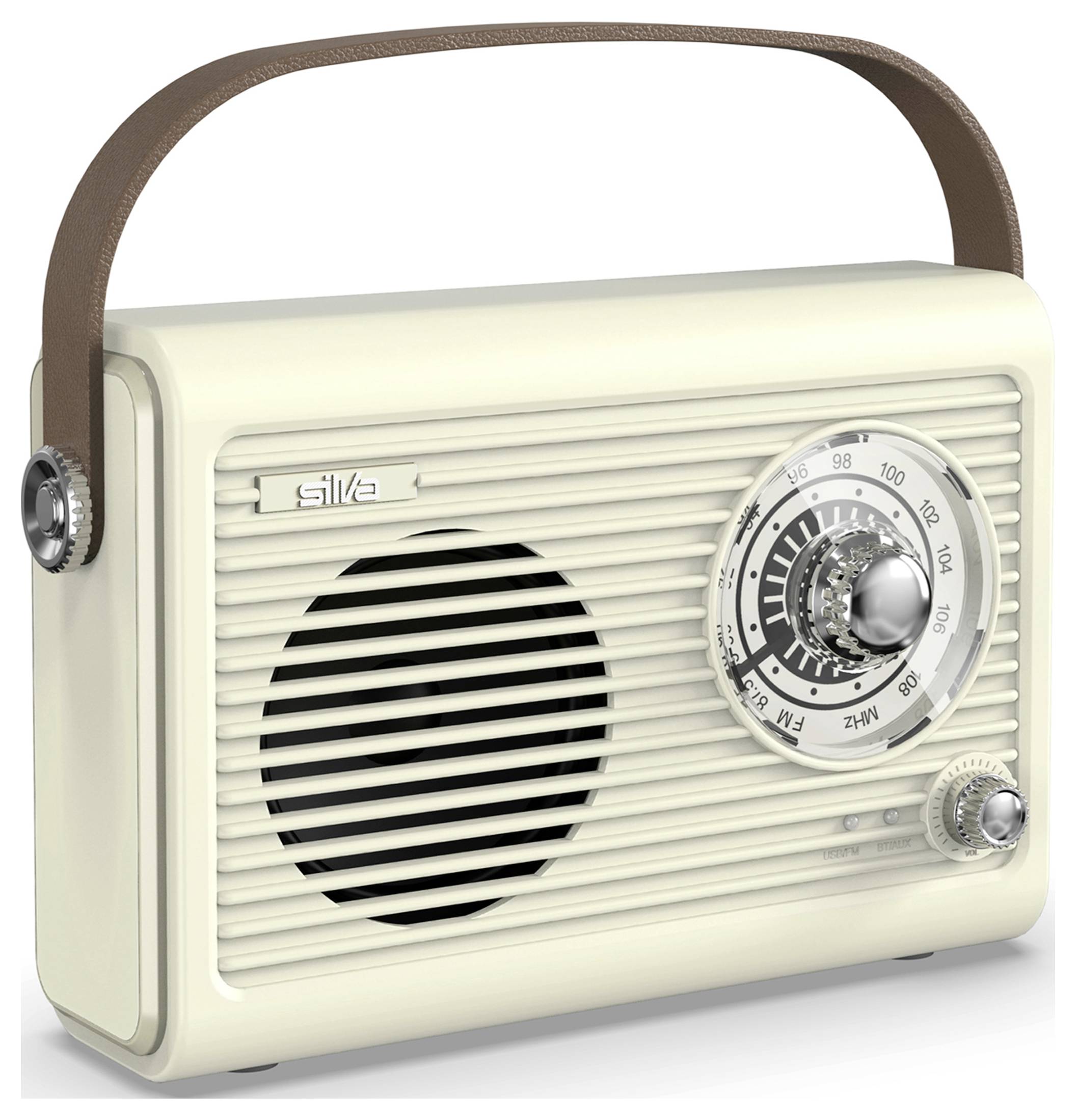 Tragbares Vintage-Radio in Creme mit braunem Tragegriff, Frontlautsprechergitter und Abstimmskala.