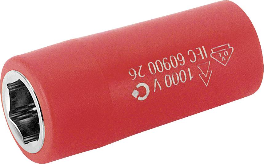Rote zylindrische Batterie mit Metallklemmenende, auf weißem Hintergrund dargestellt und beschriftet mit 'IEC 60090 16 1000 V'.