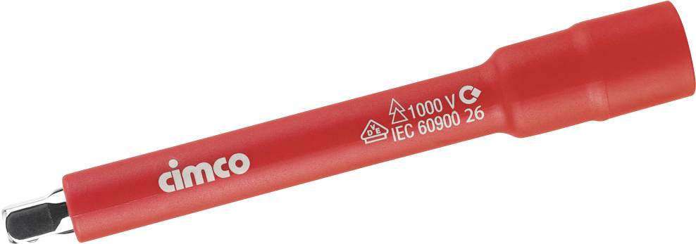 Roter Cimco isolierter Schraubendrehergriff mit einem kleinen Metallaufsatz, auf weißem Hintergrund abgebildet.